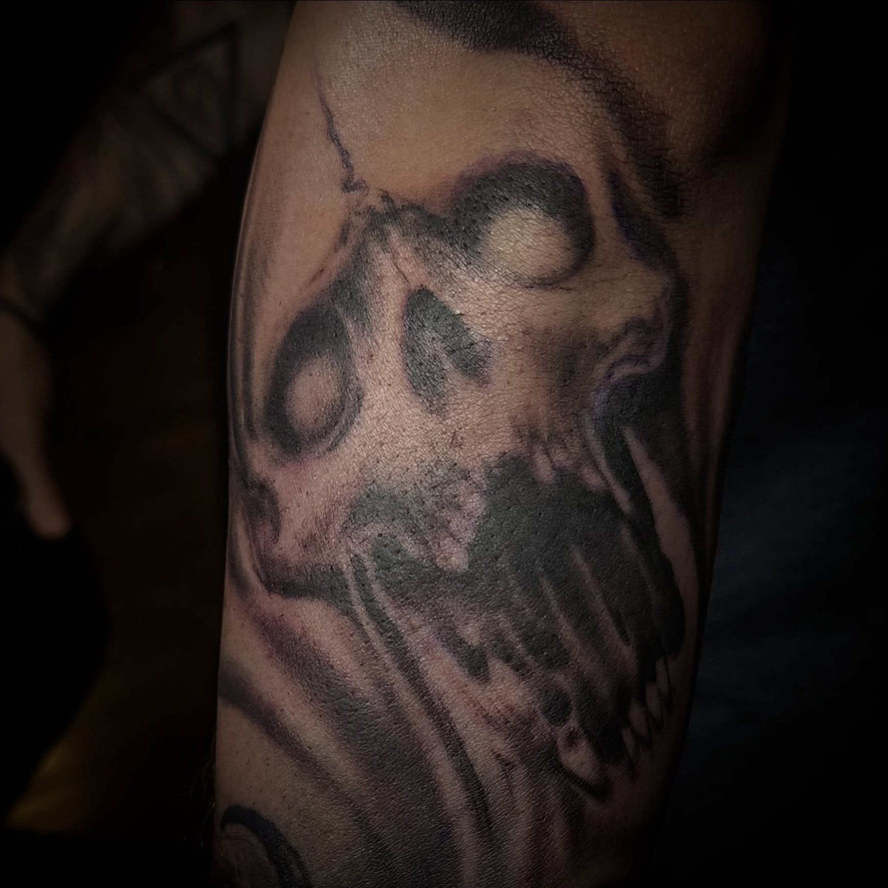 Skull black and grey tattoo on the forearm by Jason Oz, Denver, Colorado