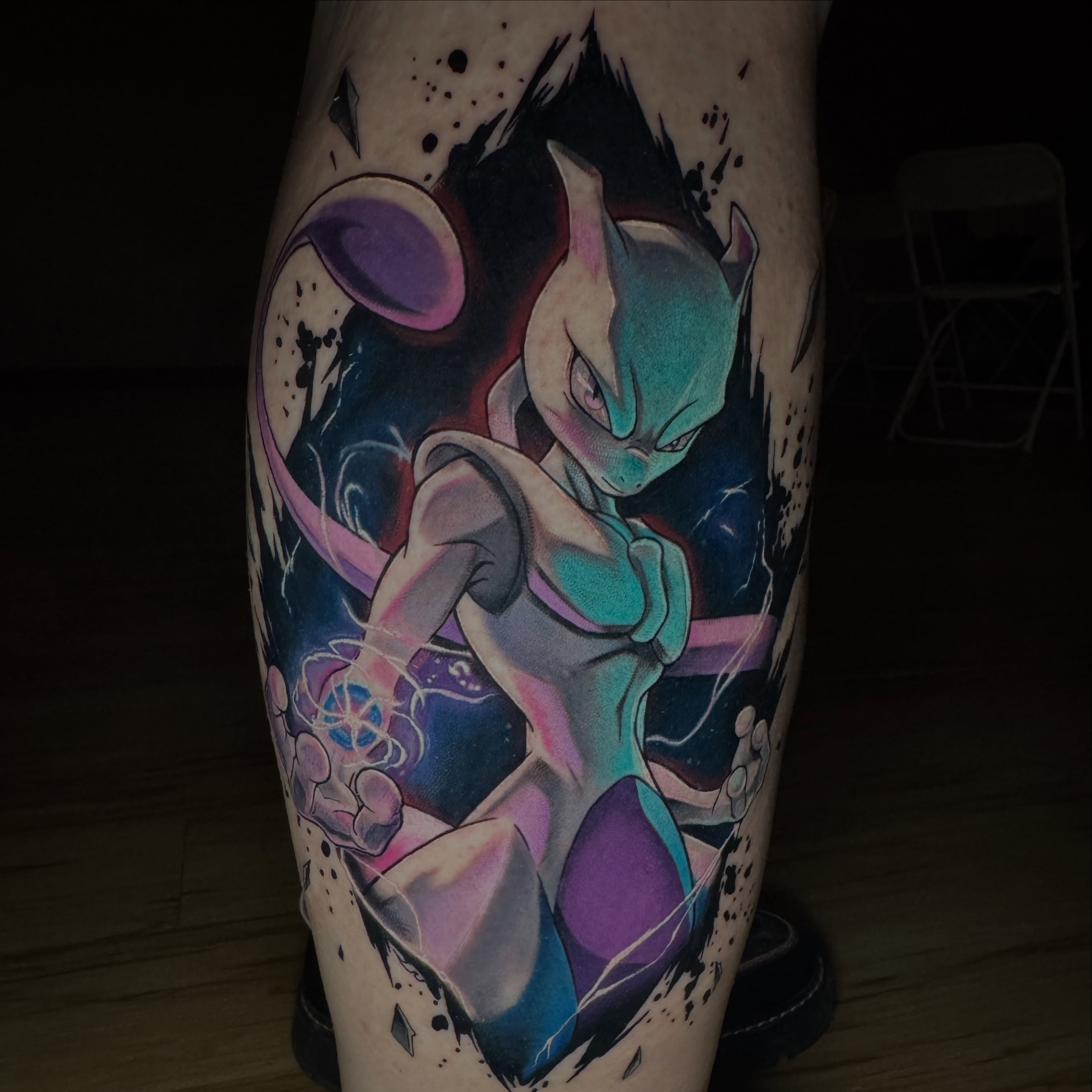 Mewtwo anime tattoo on the leg by Dustin Kaiser, Mentor, Ohio