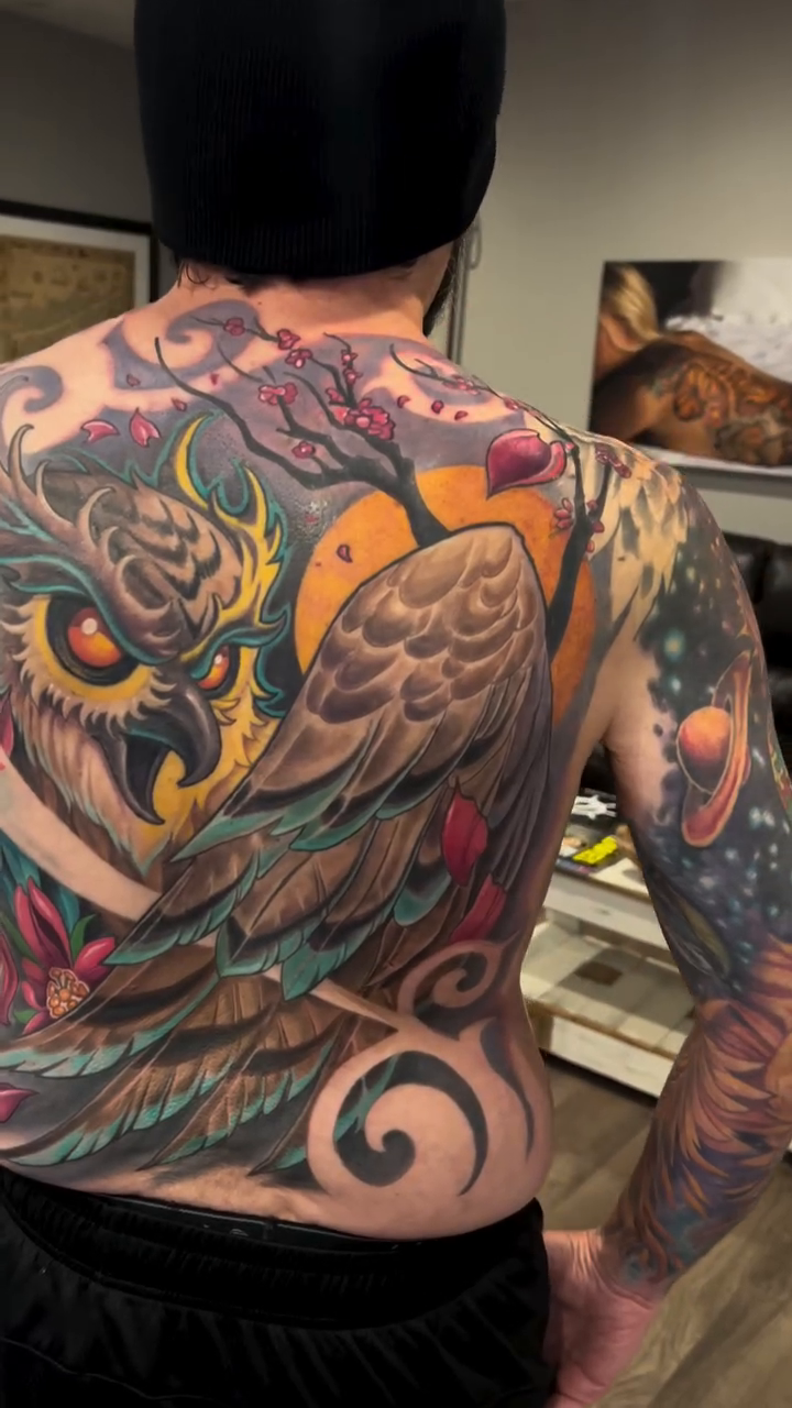 Owl and dragon backpiece japanese irezumi tattoo by Marvin Silva