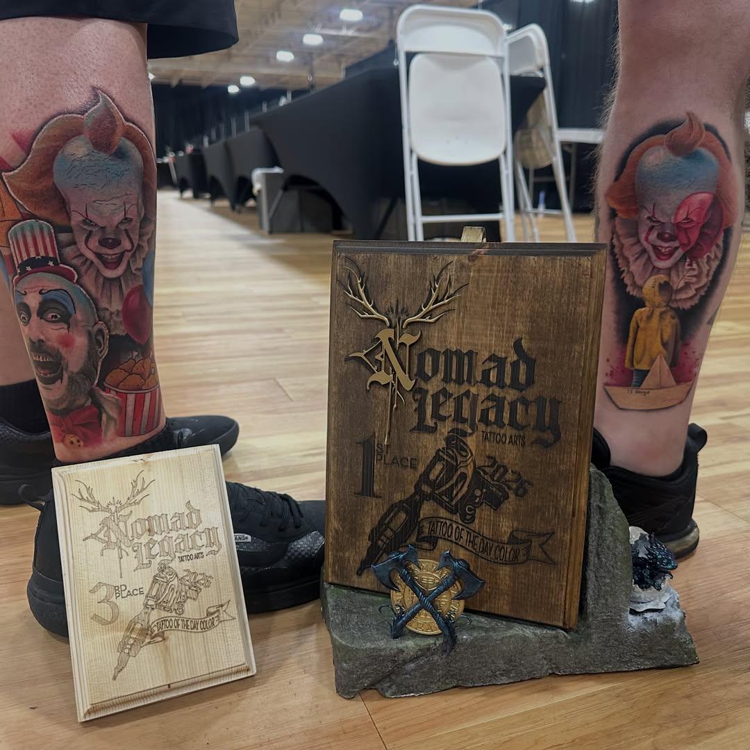 Clowns American traditional tattoo on the leg by Victoria Parsons, Clarksville, Indiana