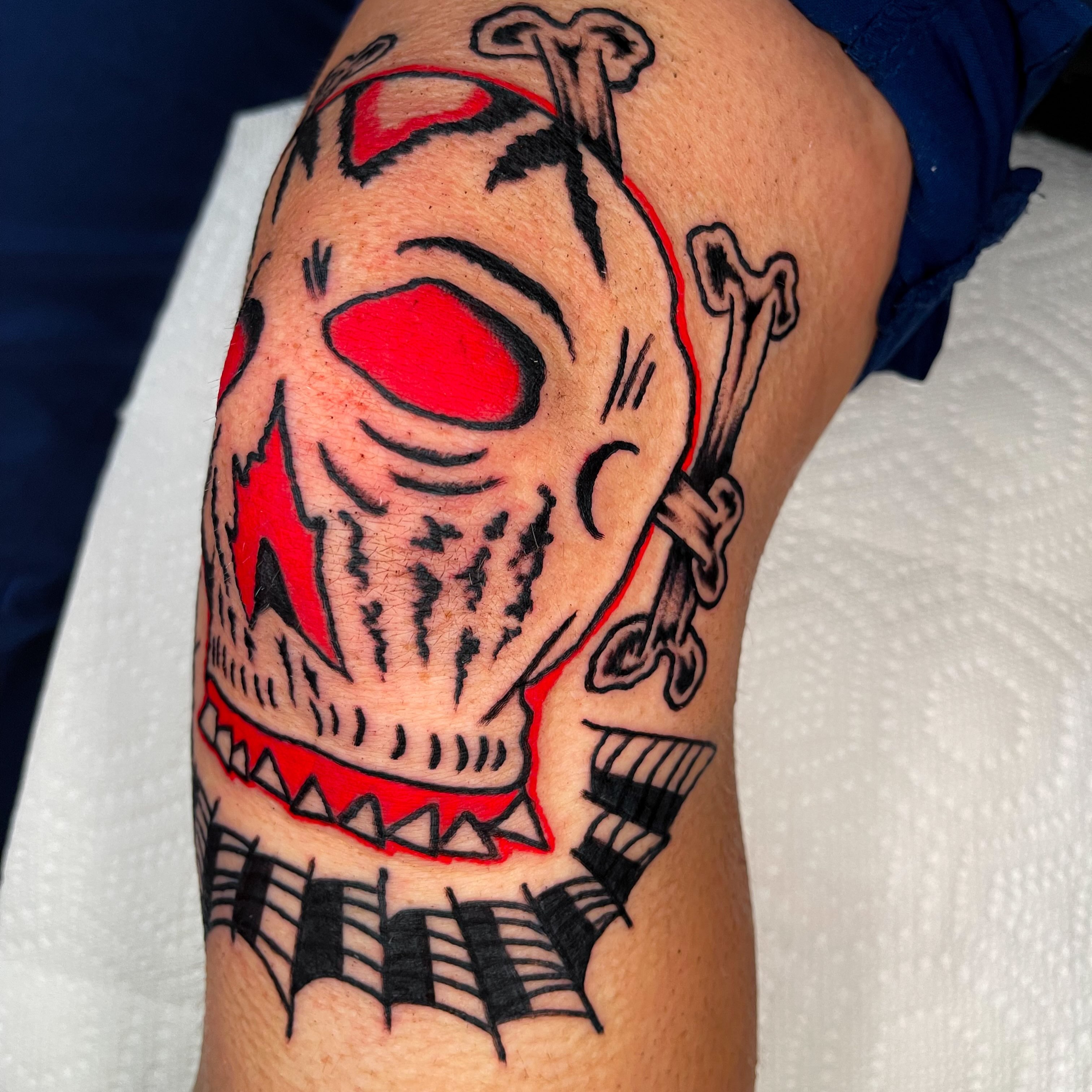 Skull American traditional tattoo on the forearm by Devyn Hightower