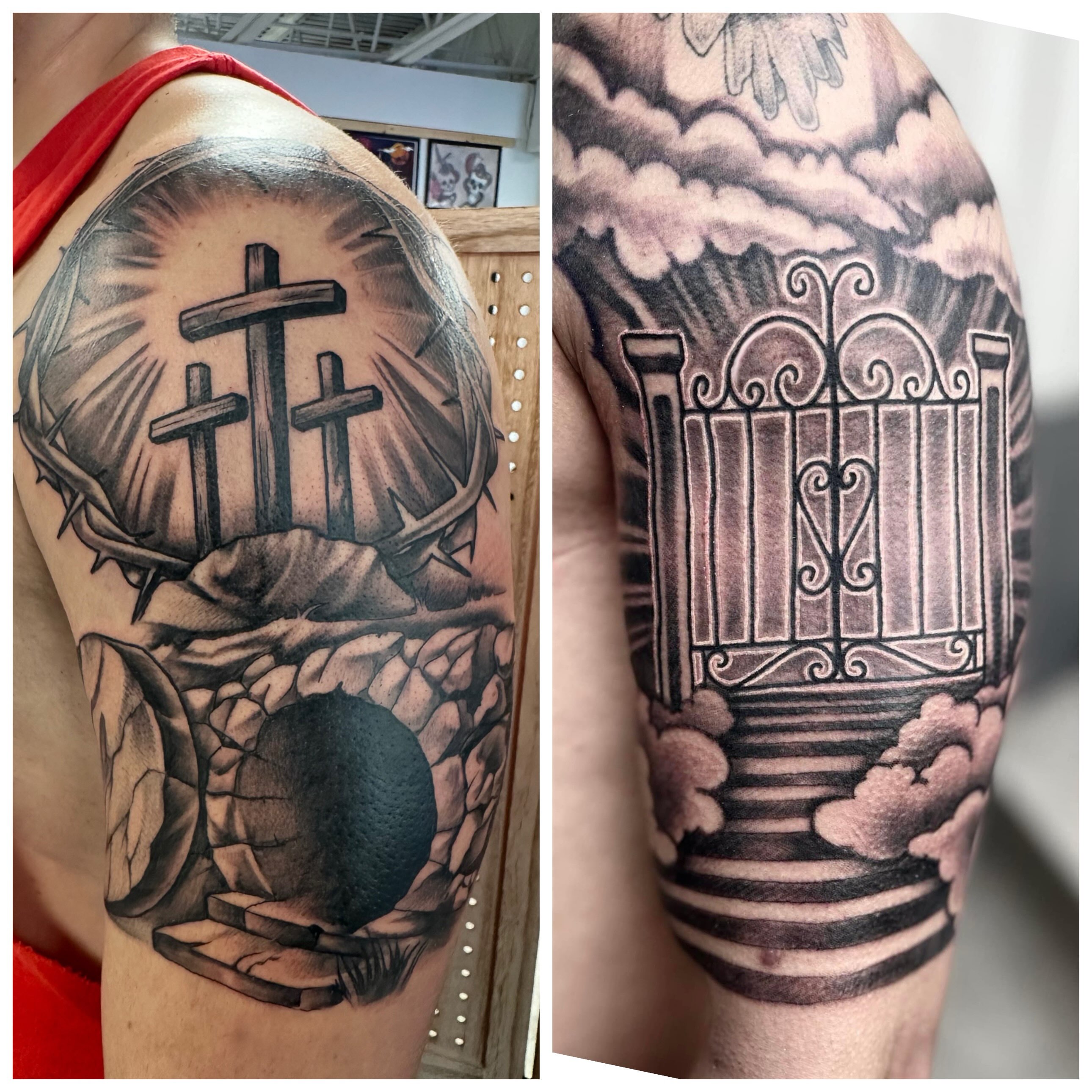 Resurrection scene realism tattoo on the upper arm by Vincent Merys