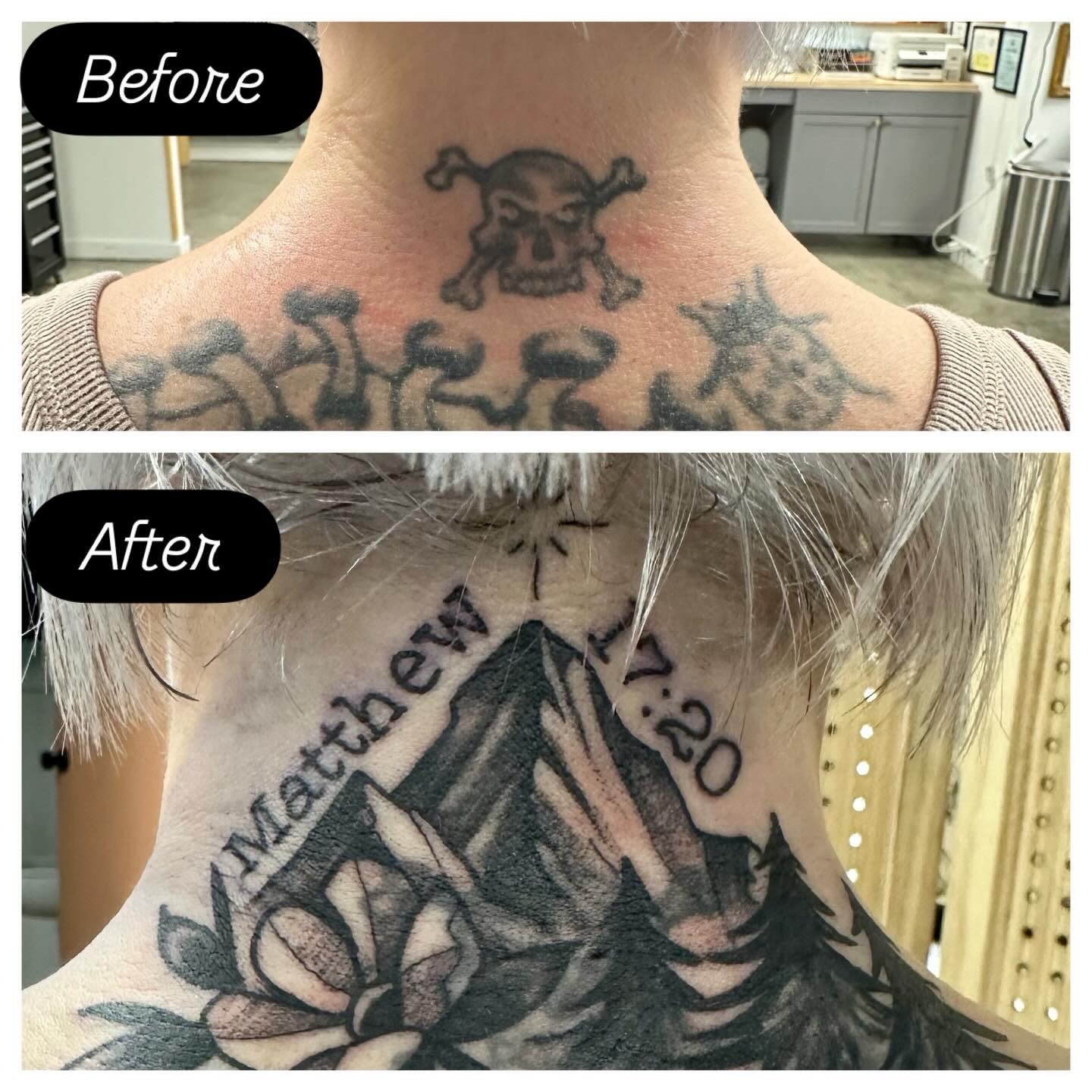 Crossbones and puzzle pieces American traditional tattoo on the neck by Vincent Merys