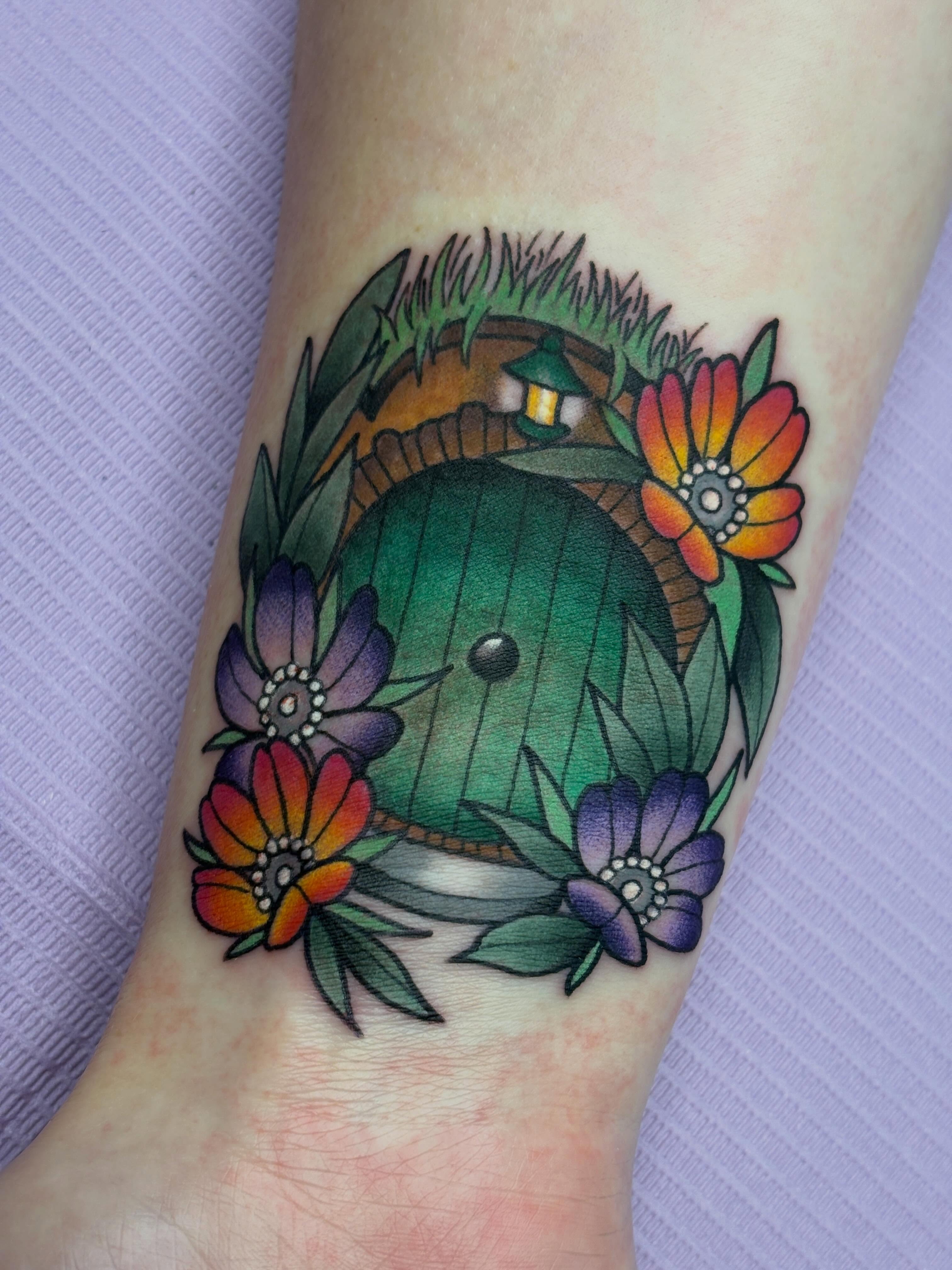 Door with floral wreath dotwork tattoo on the forearm by ♥ Brynn Allyn ♥
