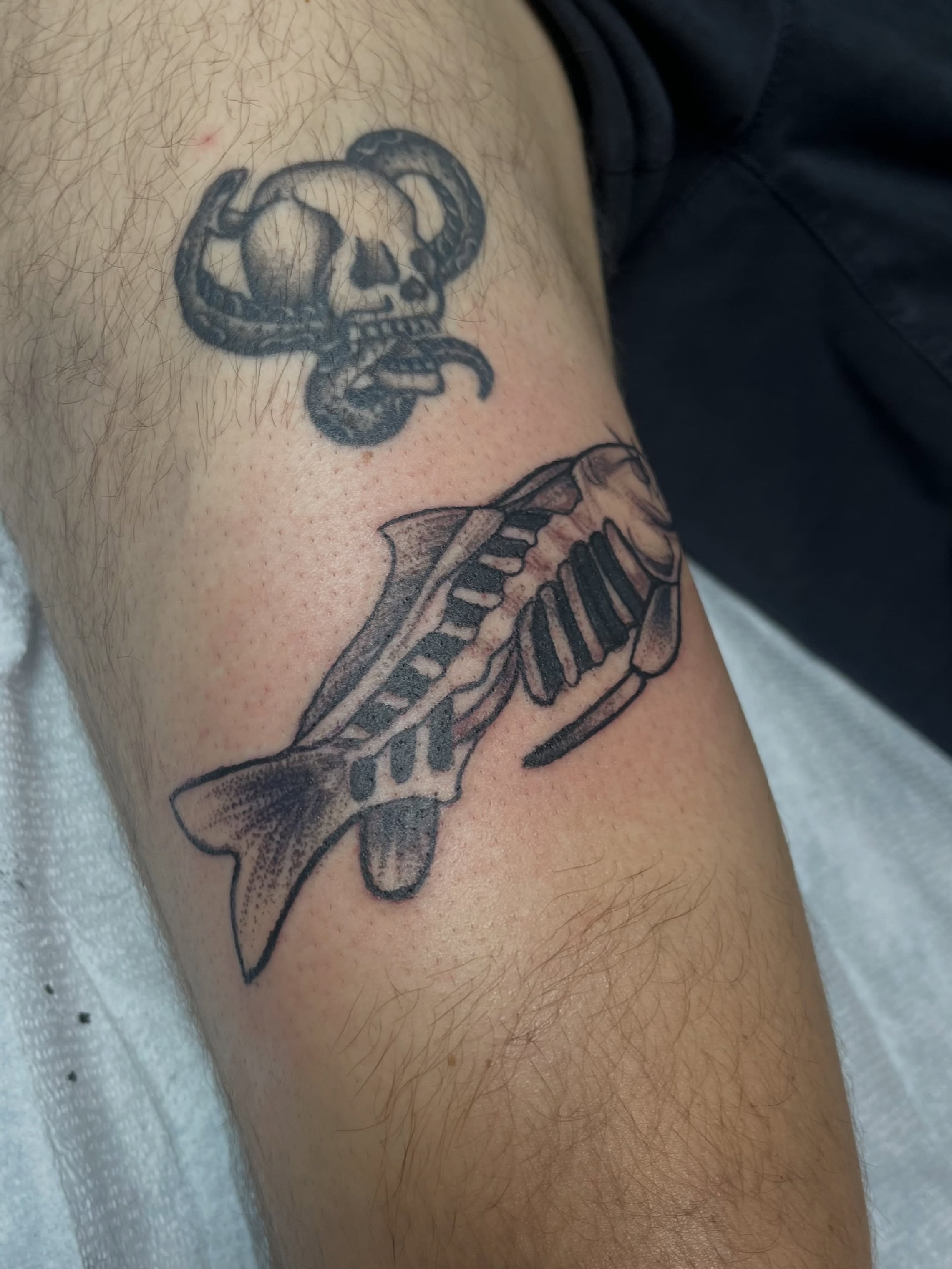 Fish skeleton dotwork tattoo on the thigh by Misha Dumois, Seattle, Washington