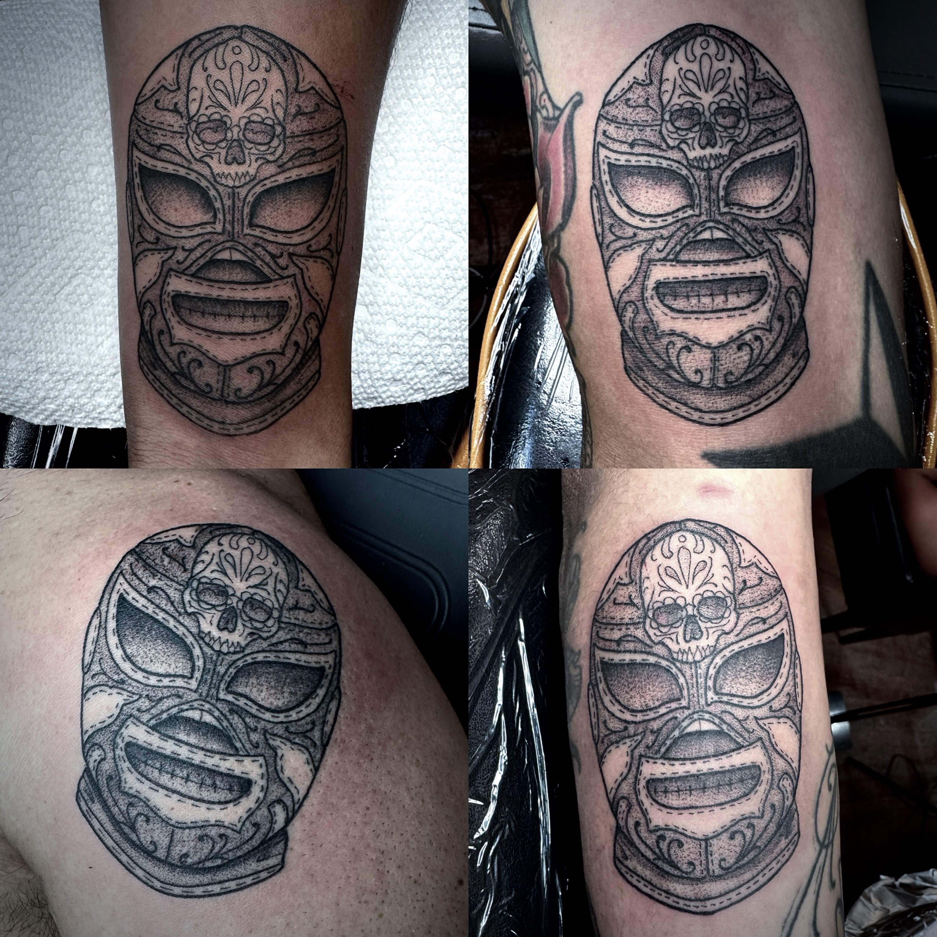 Luchador mask black and grey tattoo on the forearm by 🏵