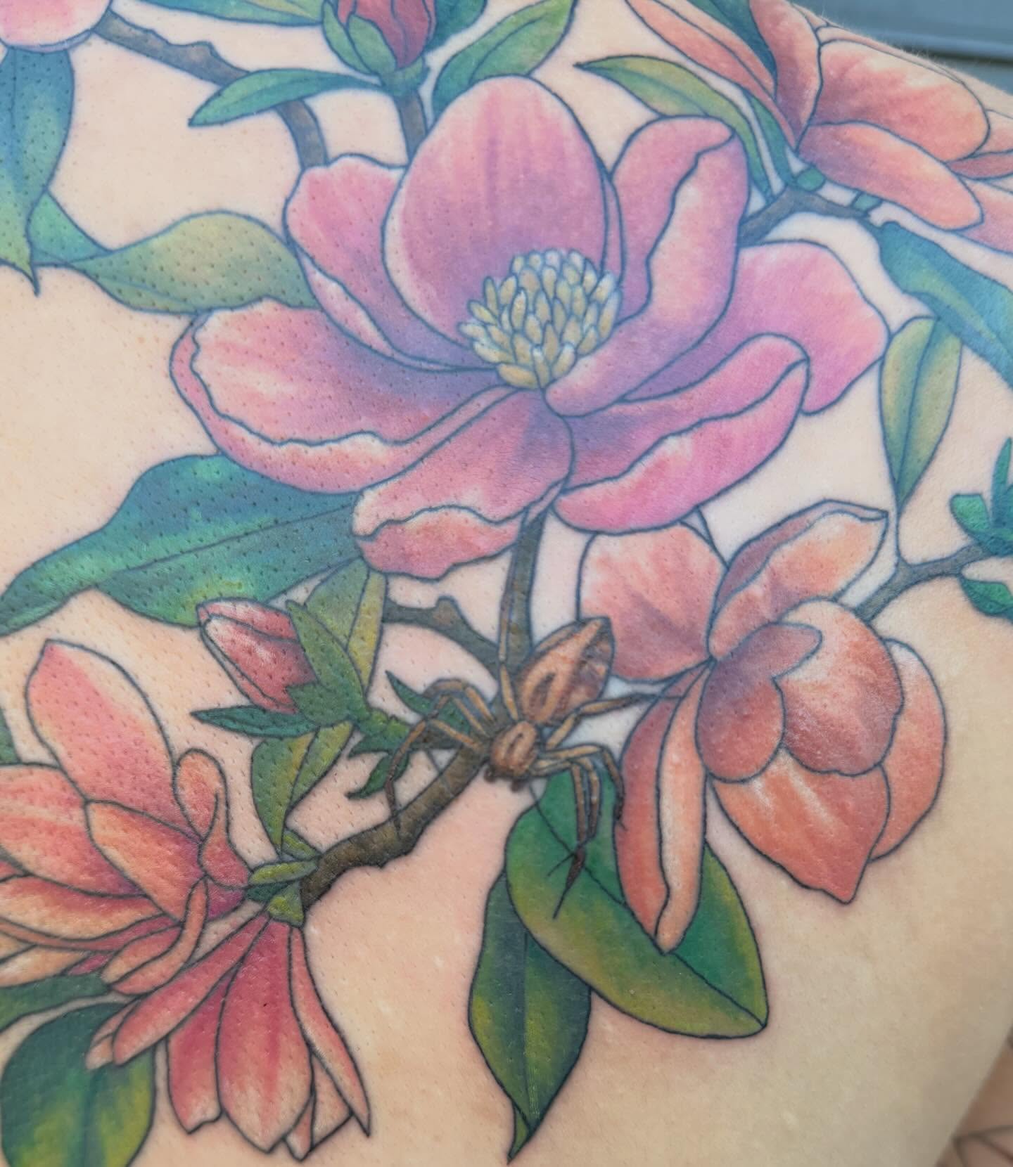 Magnolia flowers dotwork tattoo on the shoulder by Linzi Hungerford, Bozeman, Montana