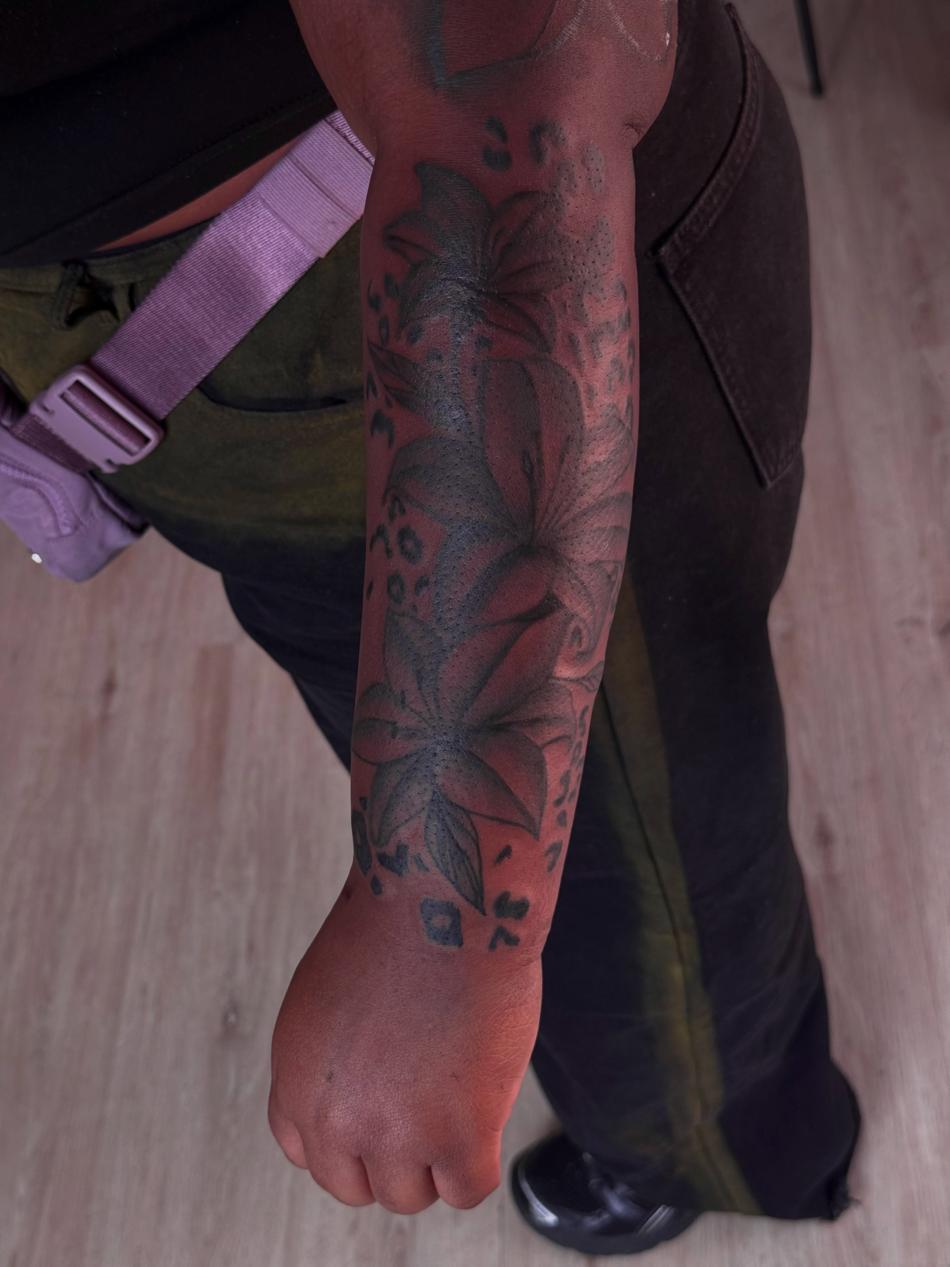 Floral design dotwork tattoo on the forearm by inkedbylii, Philadelphia, Pennsylvania