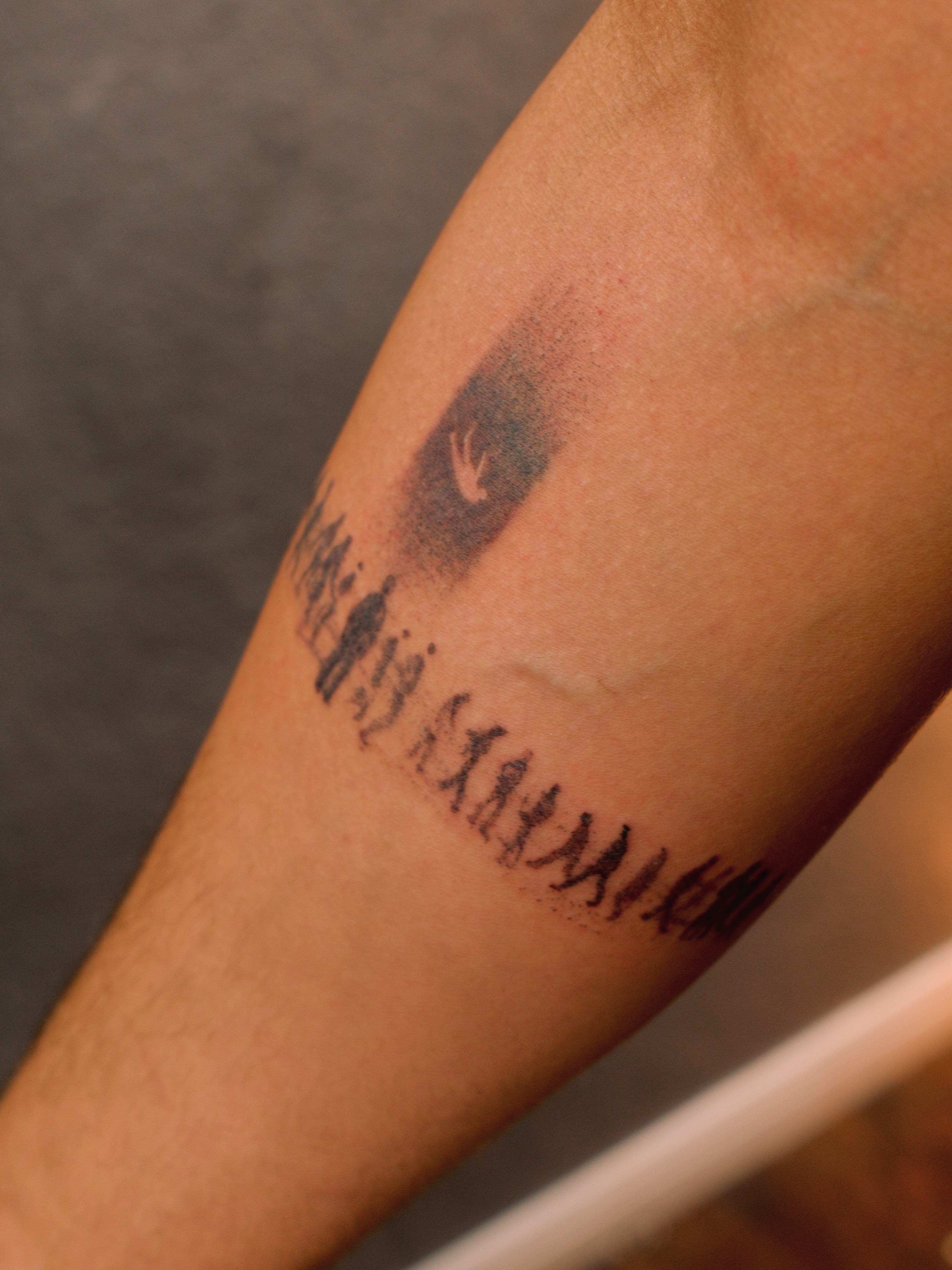 Swallow black and grey tattoo on the forearm by Luisa Duarte