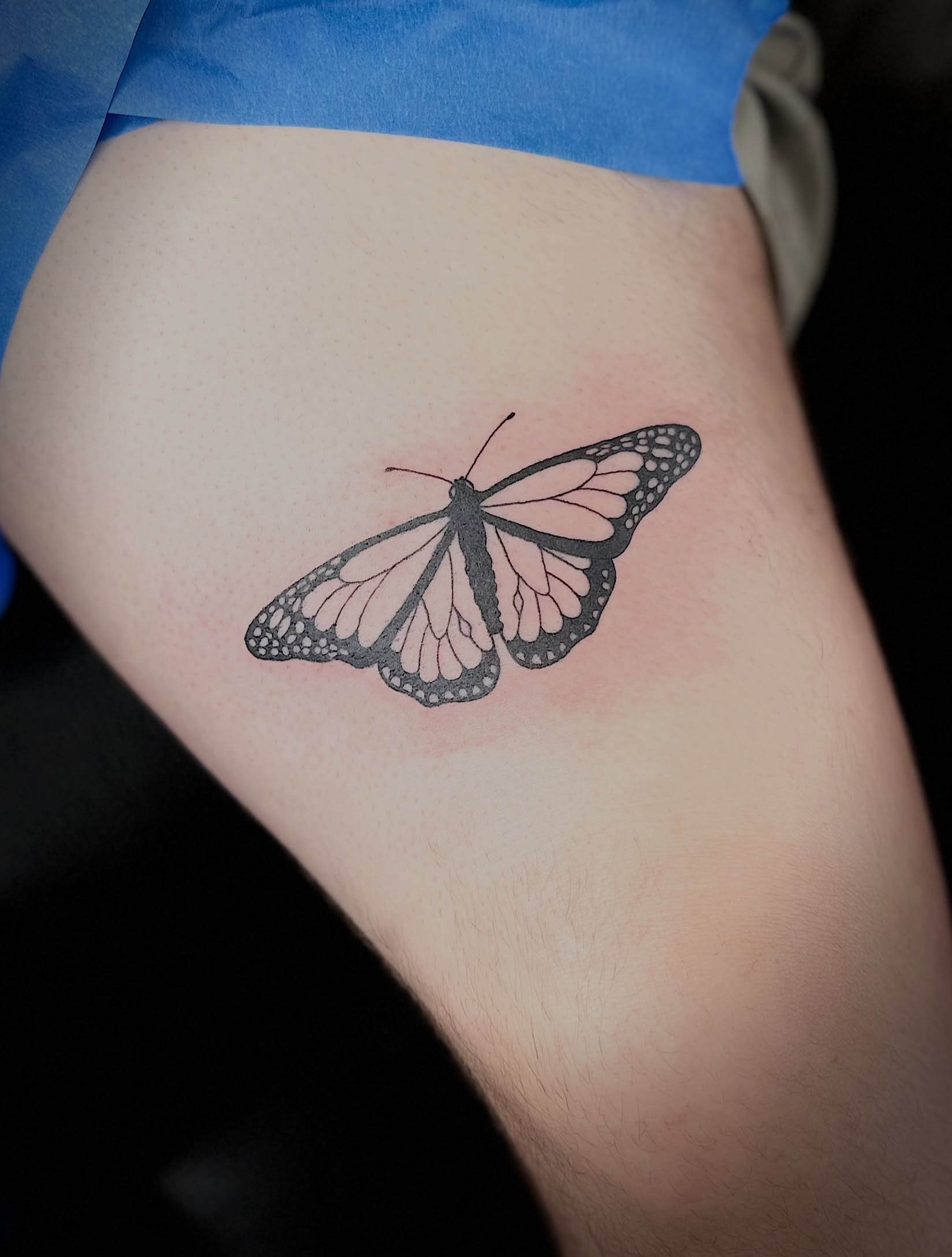 Butterfly black and grey tattoo on the thigh by NuNu