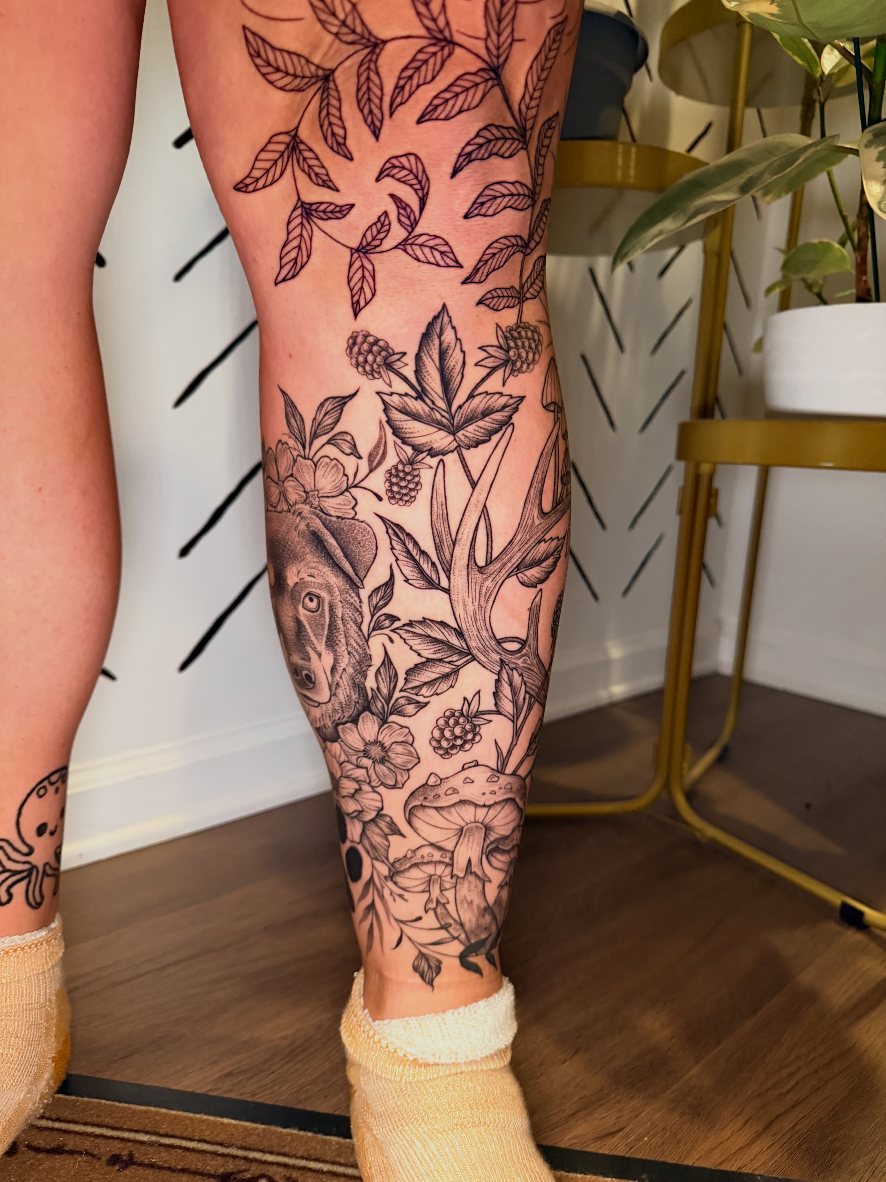 Forest flora and fauna black and grey tattoo on the calf by ππ£ππ€π₯π ππ¦ππ‘π, Lakewood, Colorado