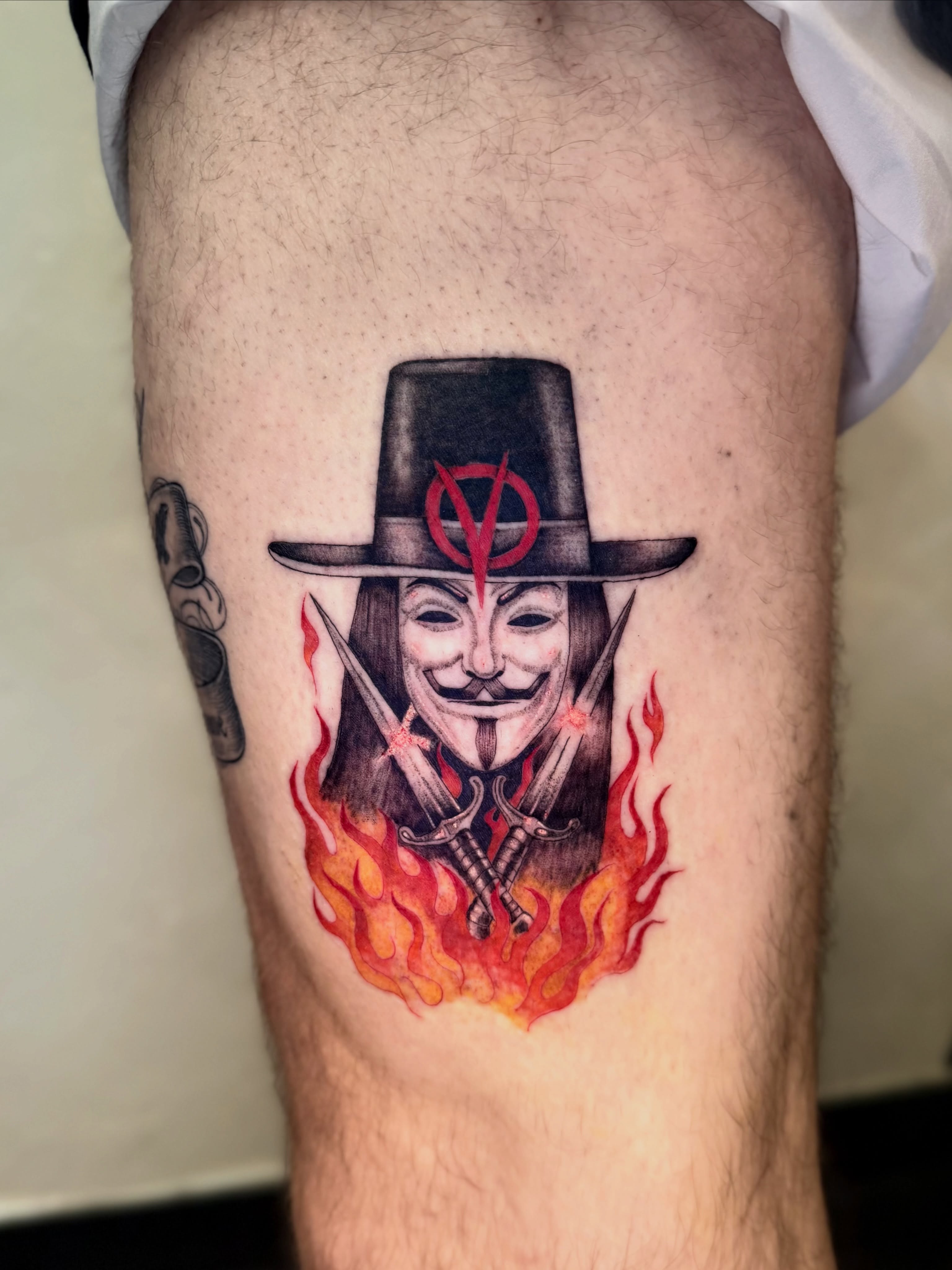 V for vendetta mask realism tattoo on the thigh by Bryan Nguyen