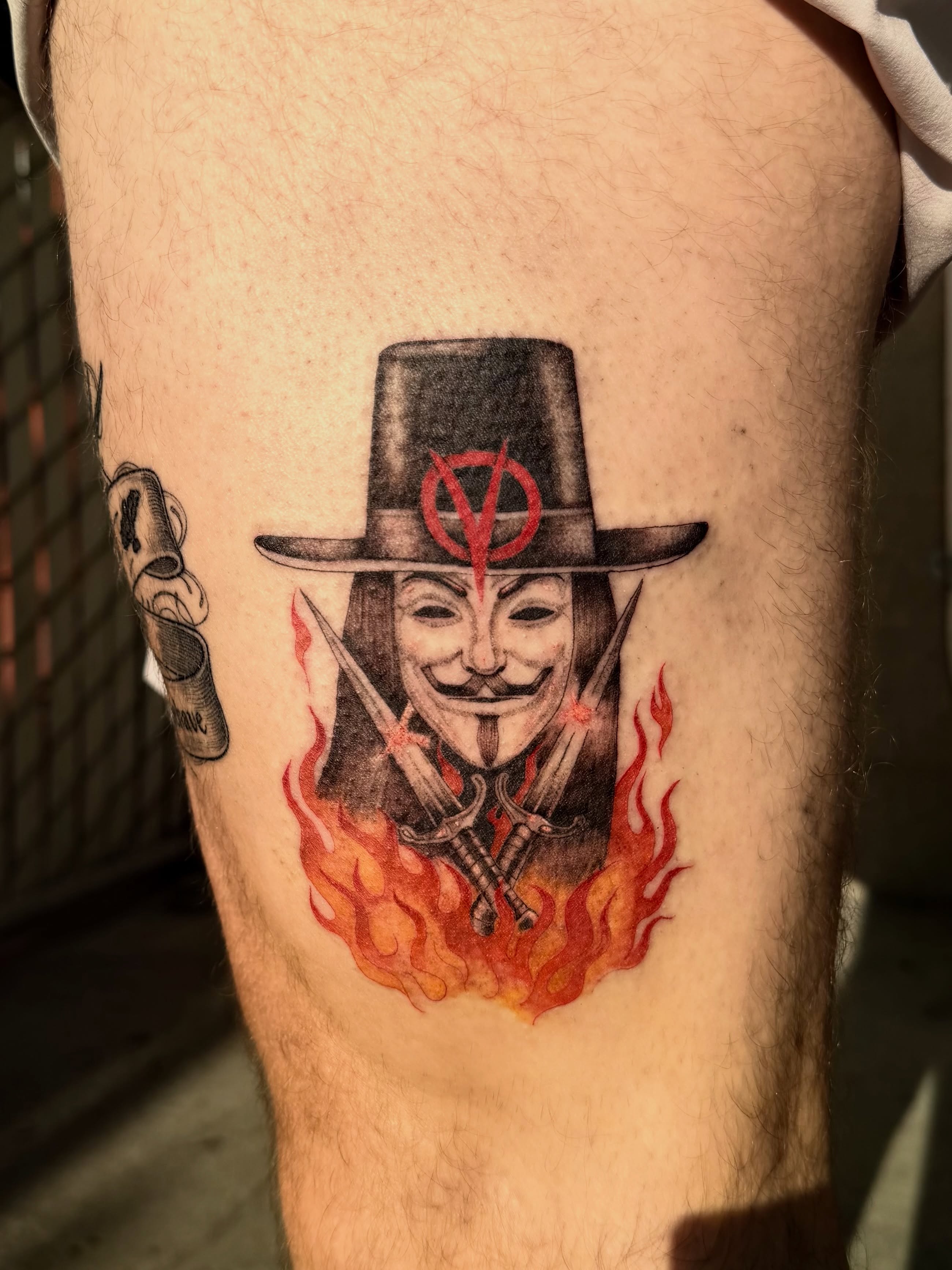V for vendetta mask black and grey tattoo on the thigh by Bryan Nguyen