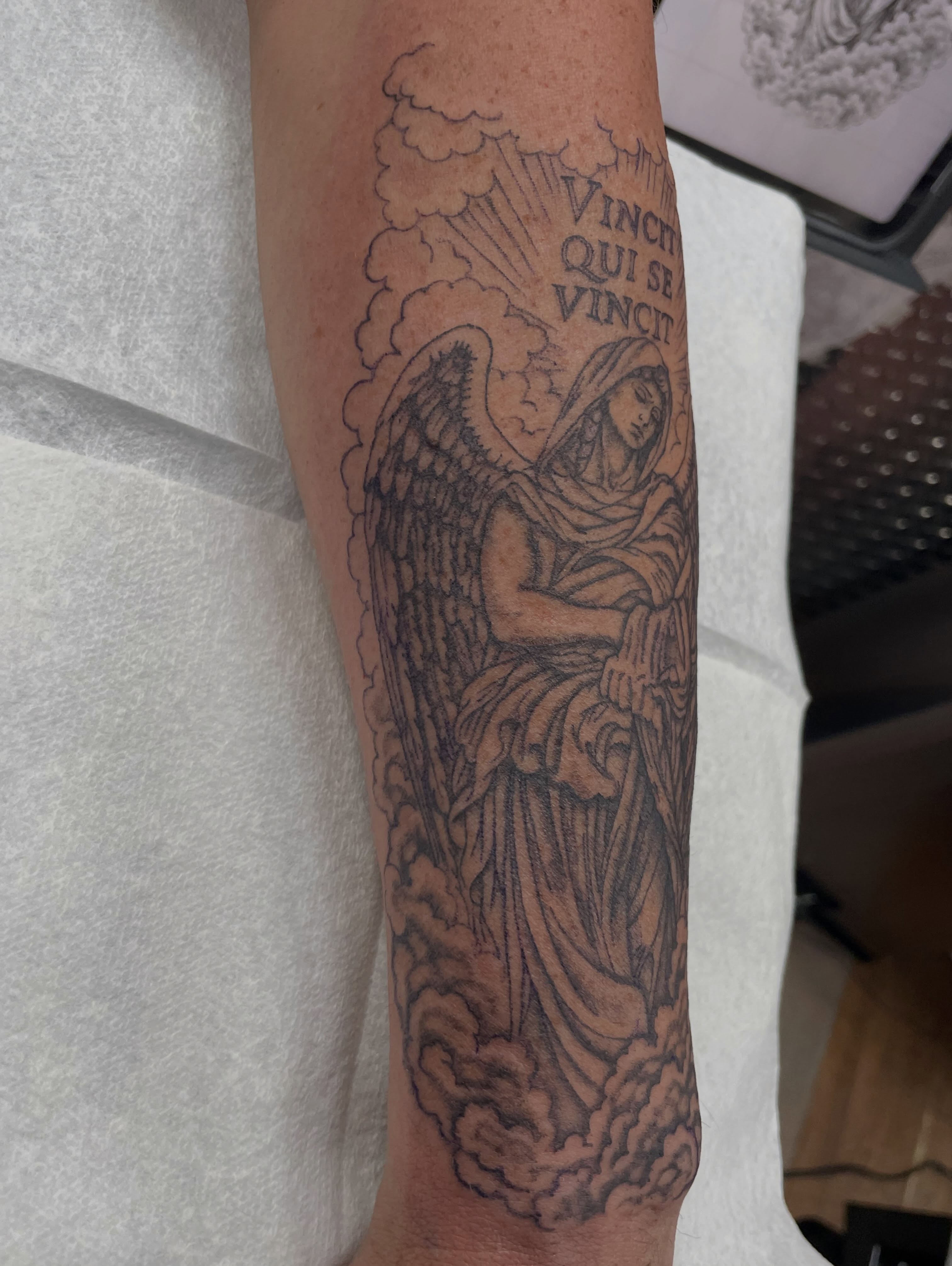 Angel black and grey tattoo on the forearm by Moses (Mo) 🇵🇭