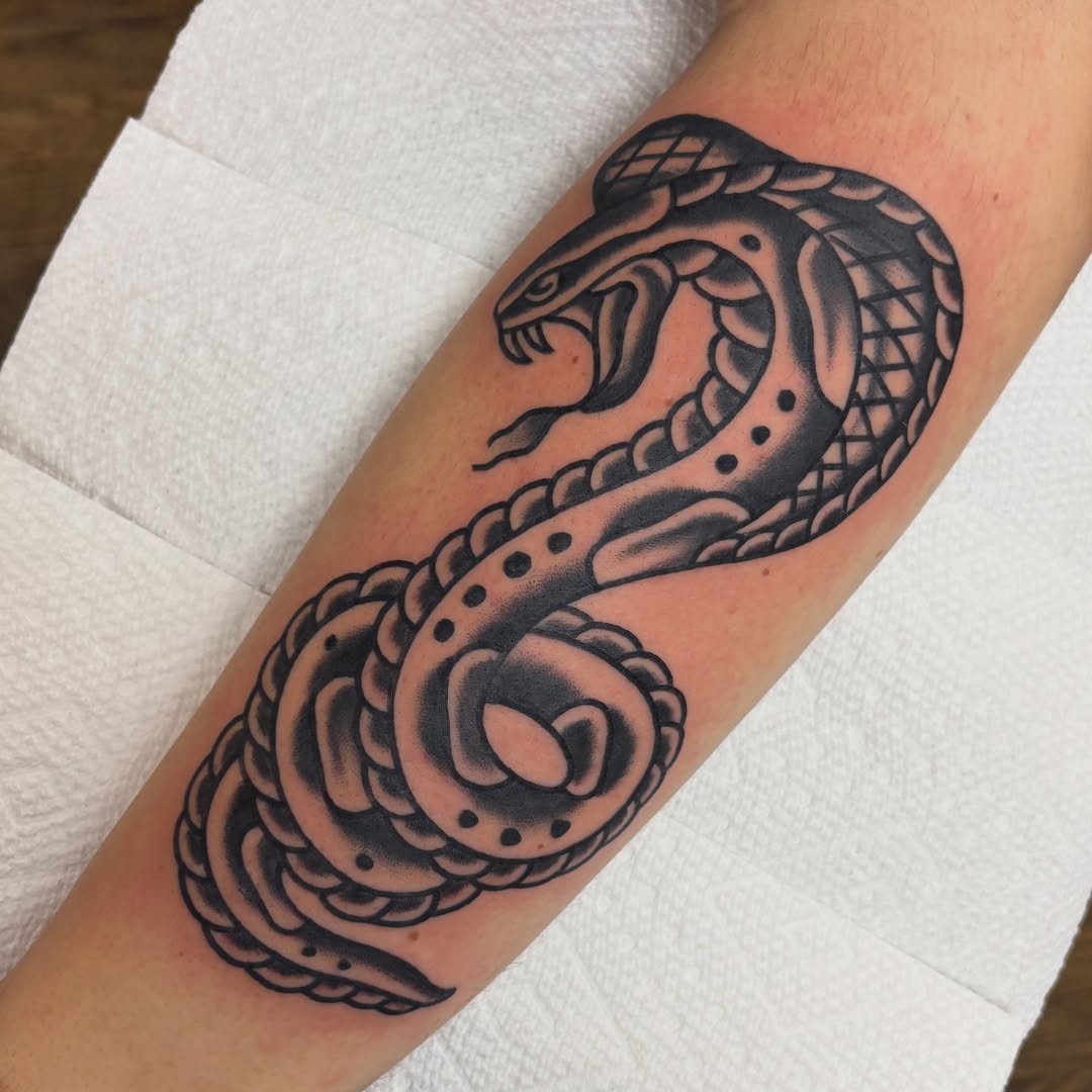 Snake black and grey tattoo on the forearm by Mr. Brent