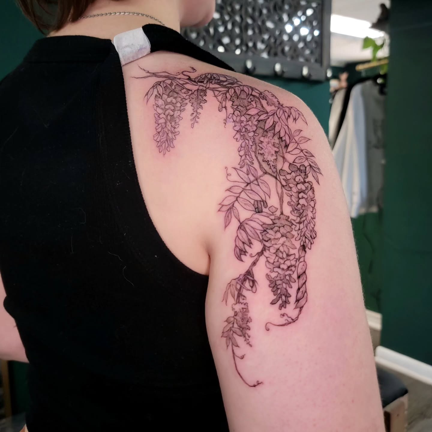 Wisteria vine black and grey tattoo on the shoulder by Nathan Harkins-Oberbeck
