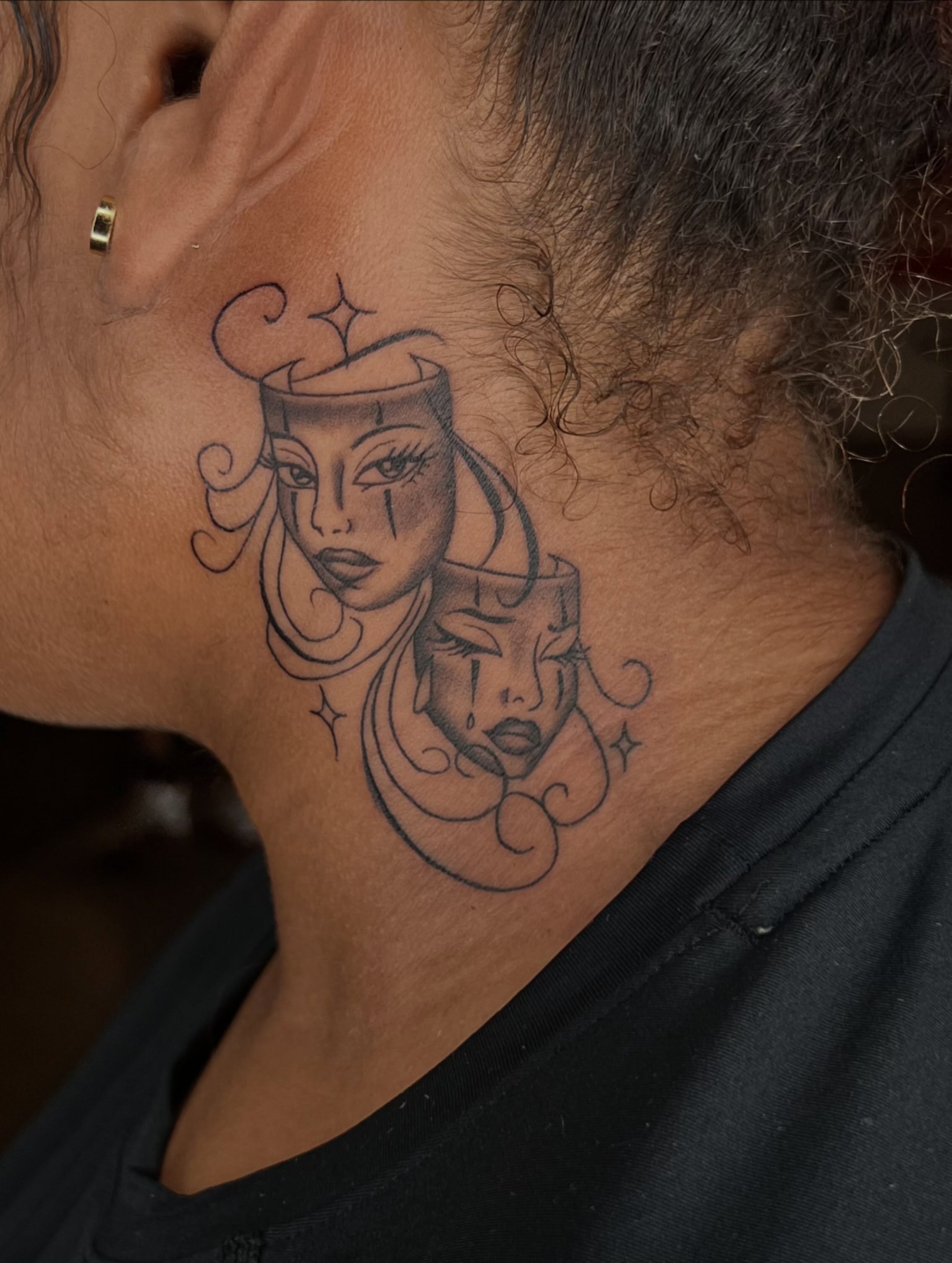 Tearful faces black and grey tattoo on the neck by Tattoo (Réaliste), Toulouse, Occitanie