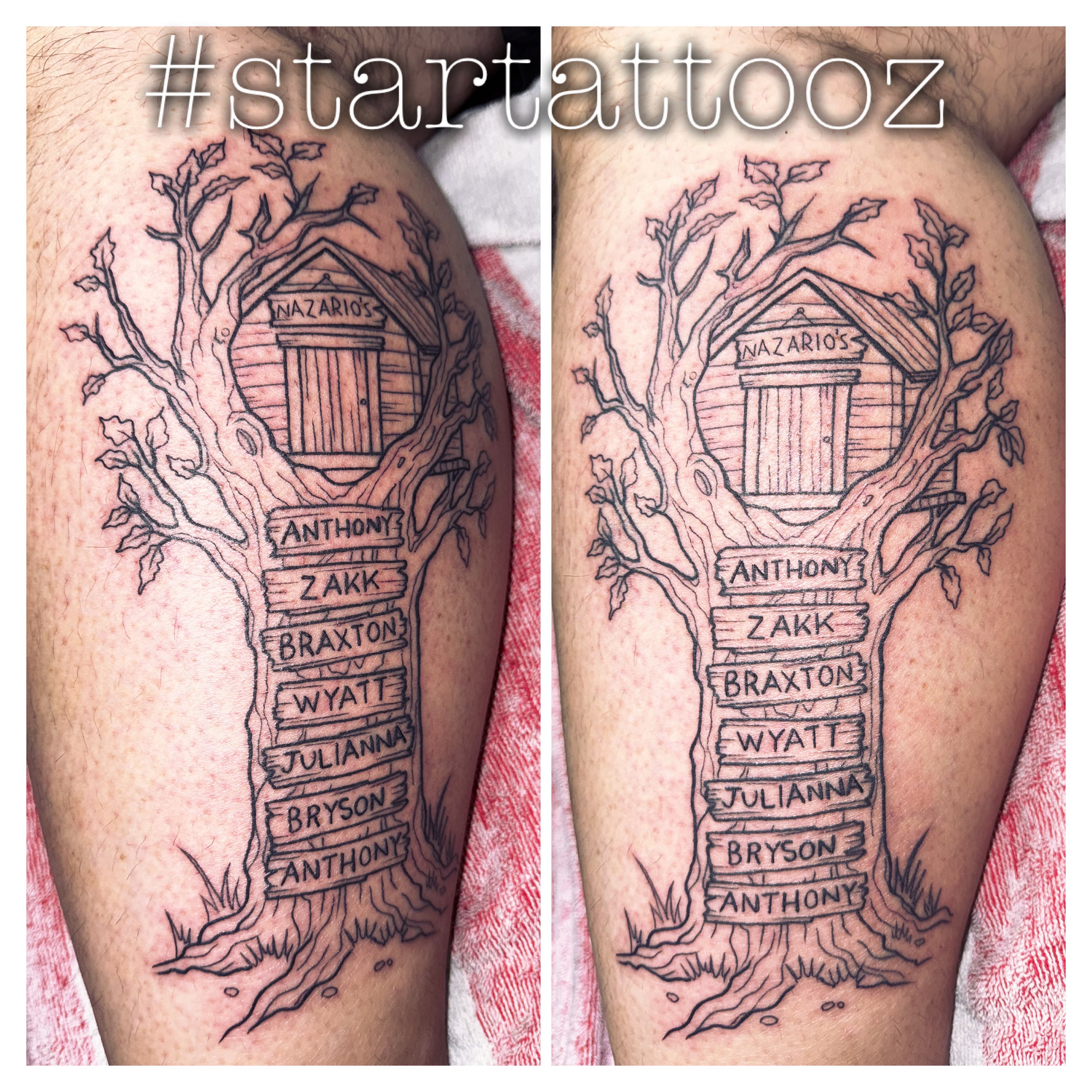 Family tree black and grey tattoo on the thigh by StarTattooz - the one & only