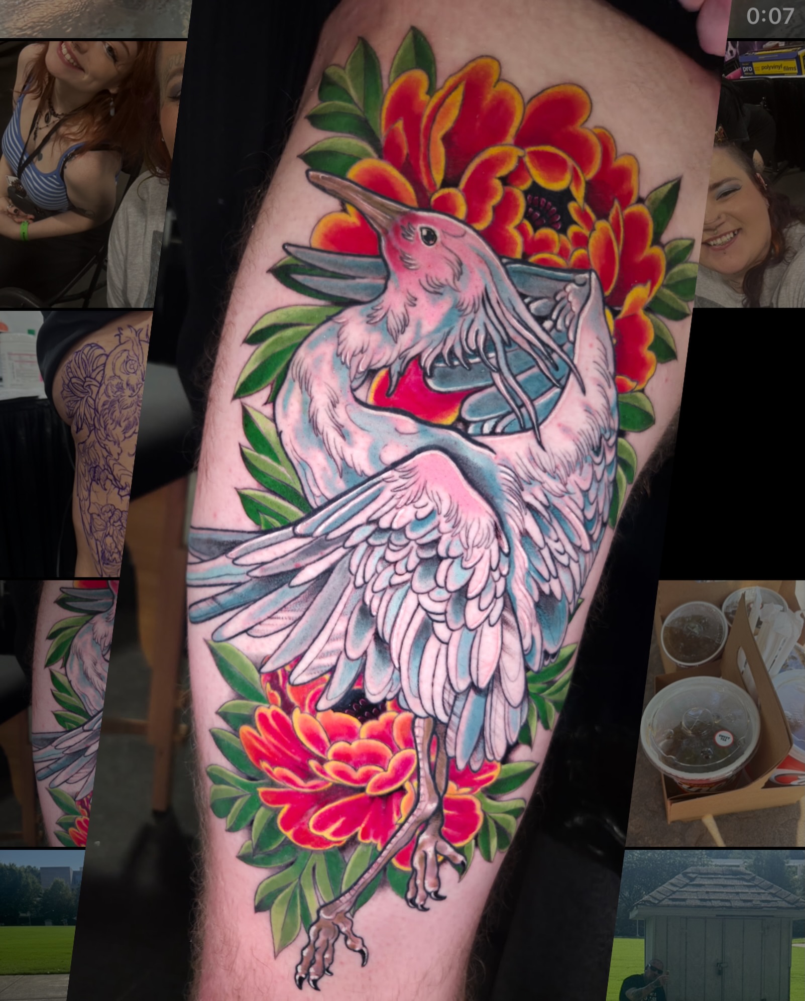 Heron and flowers American traditional tattoo on the thigh by Erin Moore