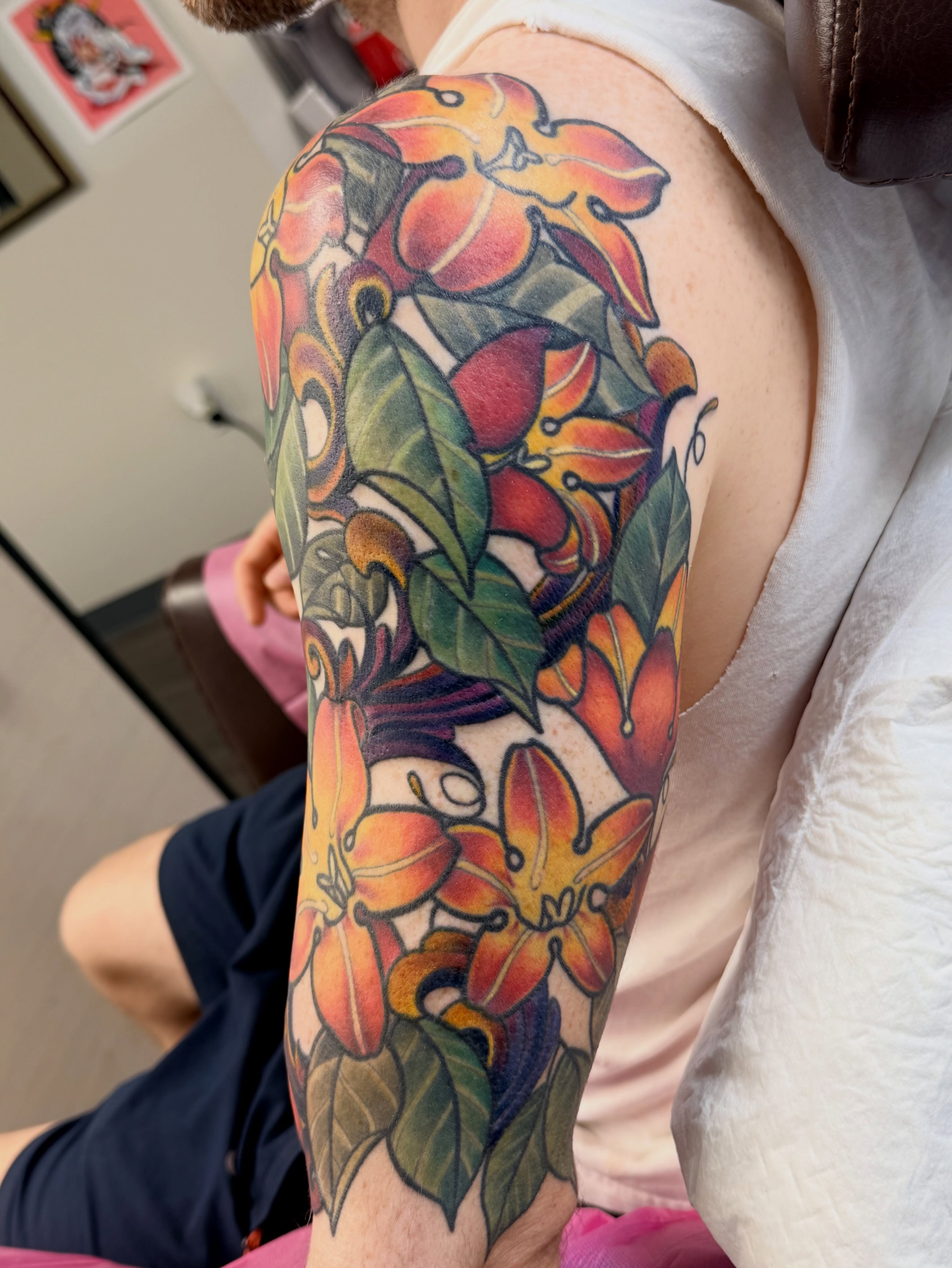 Floral bouquet new school tattoo on the forearm by Kimberly Parton- Chapel Hill Tattooer, Chapel Hill, North Carolina
