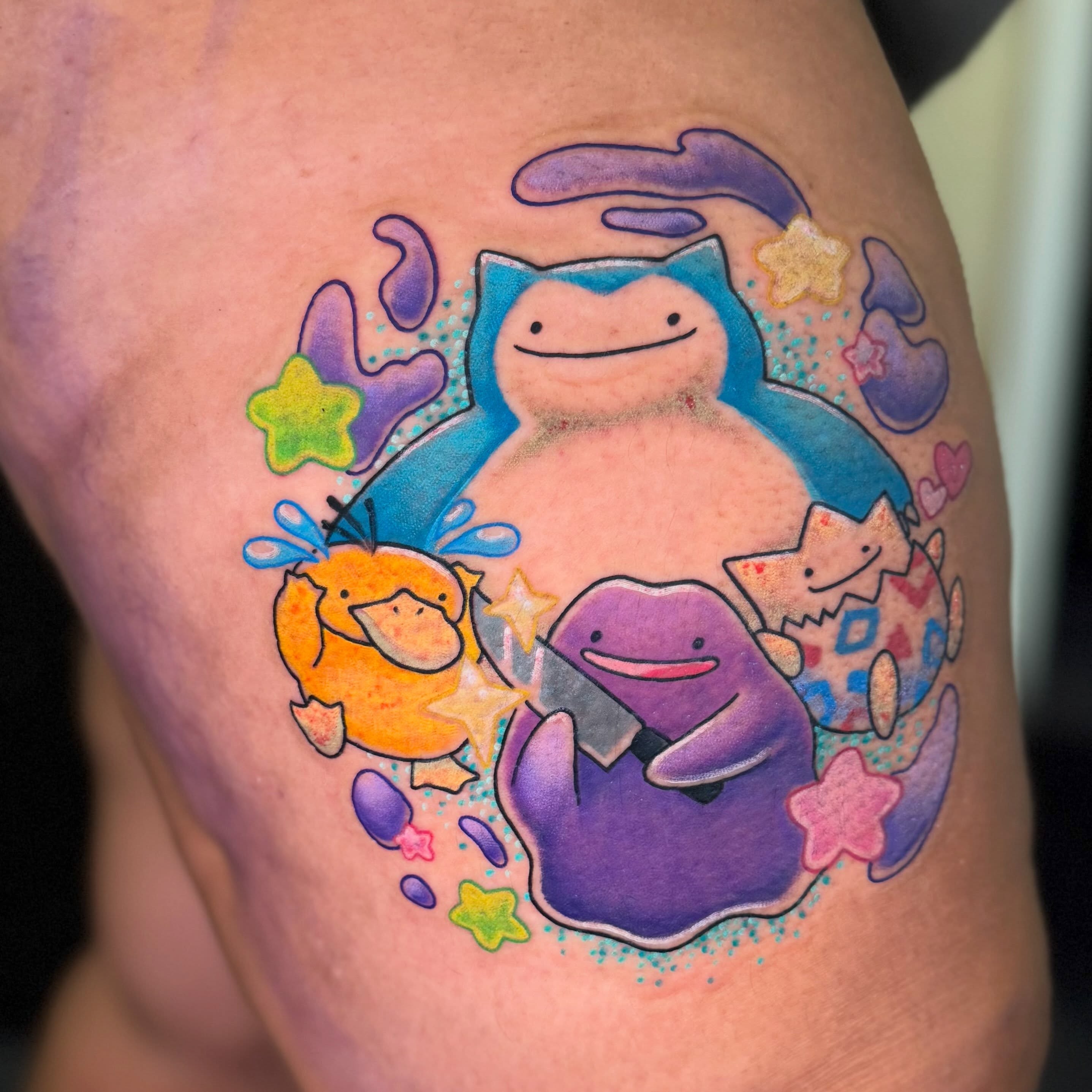 Pokémon characters new school tattoo on the thigh by 🪴Amanda Lugo🪴 Ocala Tattoo Artist