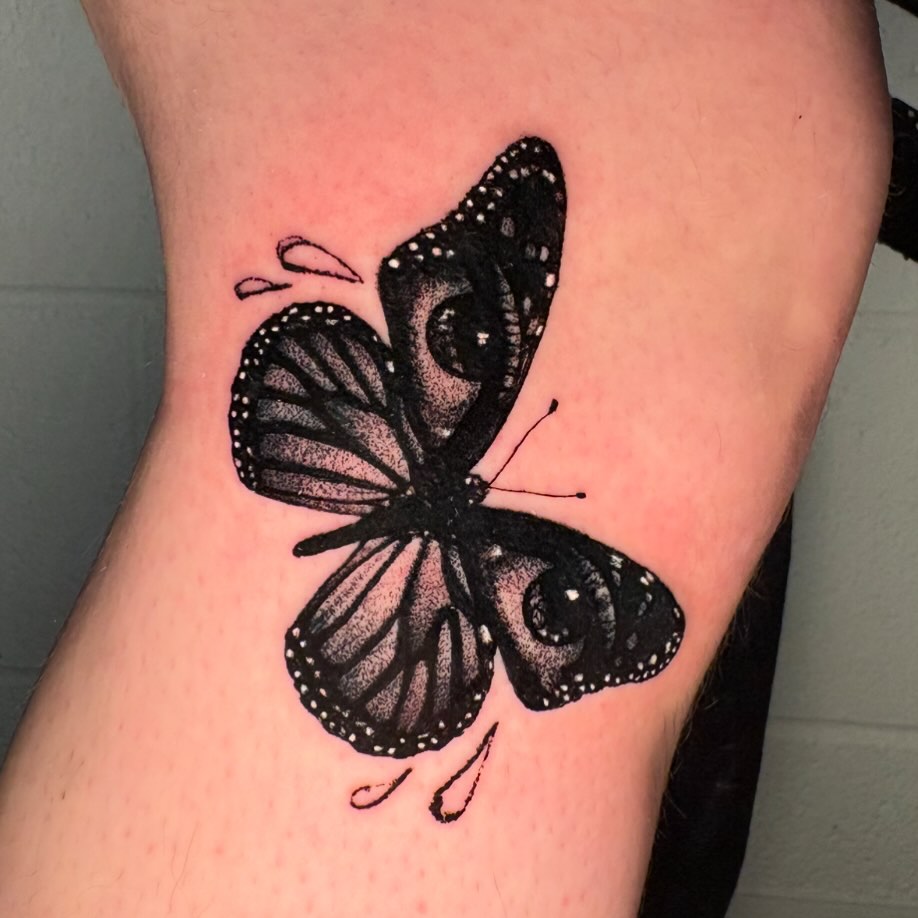 Butterfly dotwork tattoo on the forearm by @lil_stinker_5000, Portland, Oregon