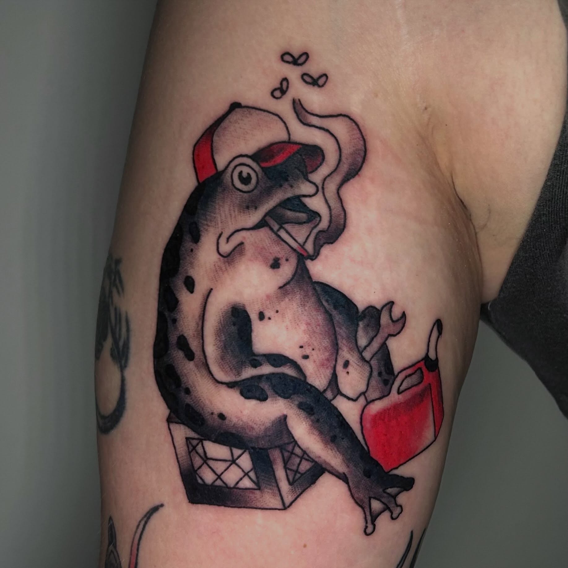 Frog smoking American traditional tattoo on the forearm by 𝕸𝖞𝖆