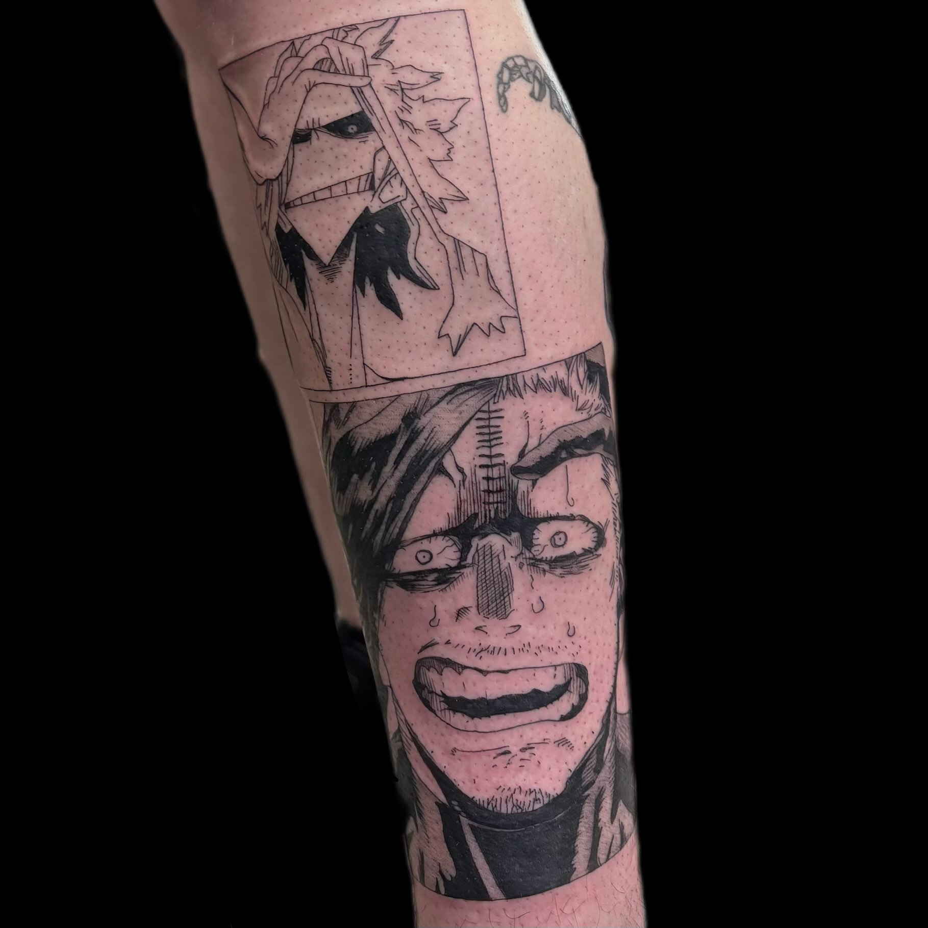 Tattoo by @uglyrileytattoo — dotwork, anime