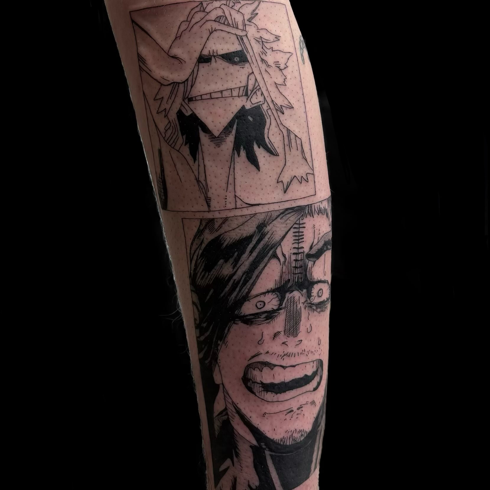 Tattoo by @uglyrileytattoo — dotwork, anime