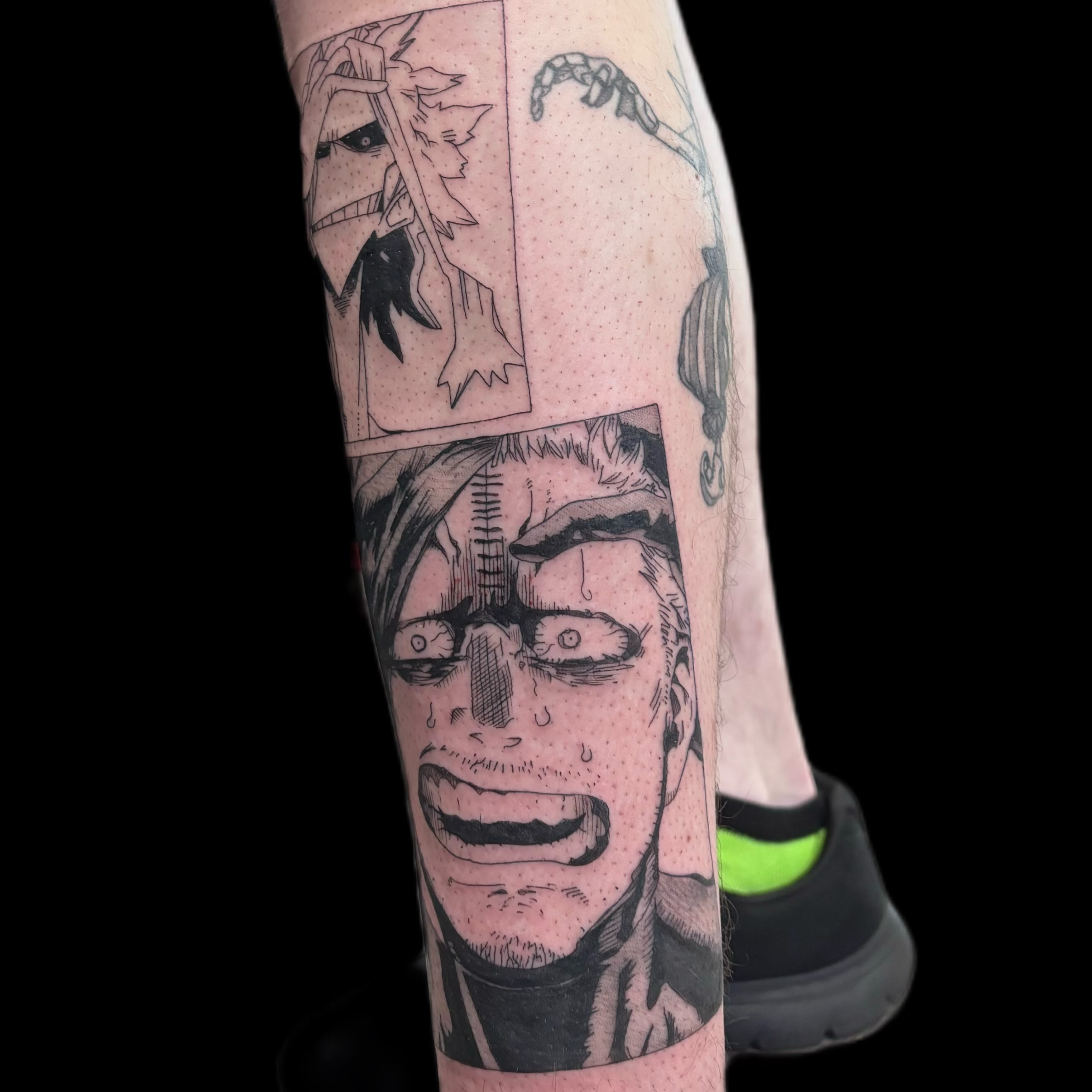 Tattoo by @uglyrileytattoo — dotwork, anime