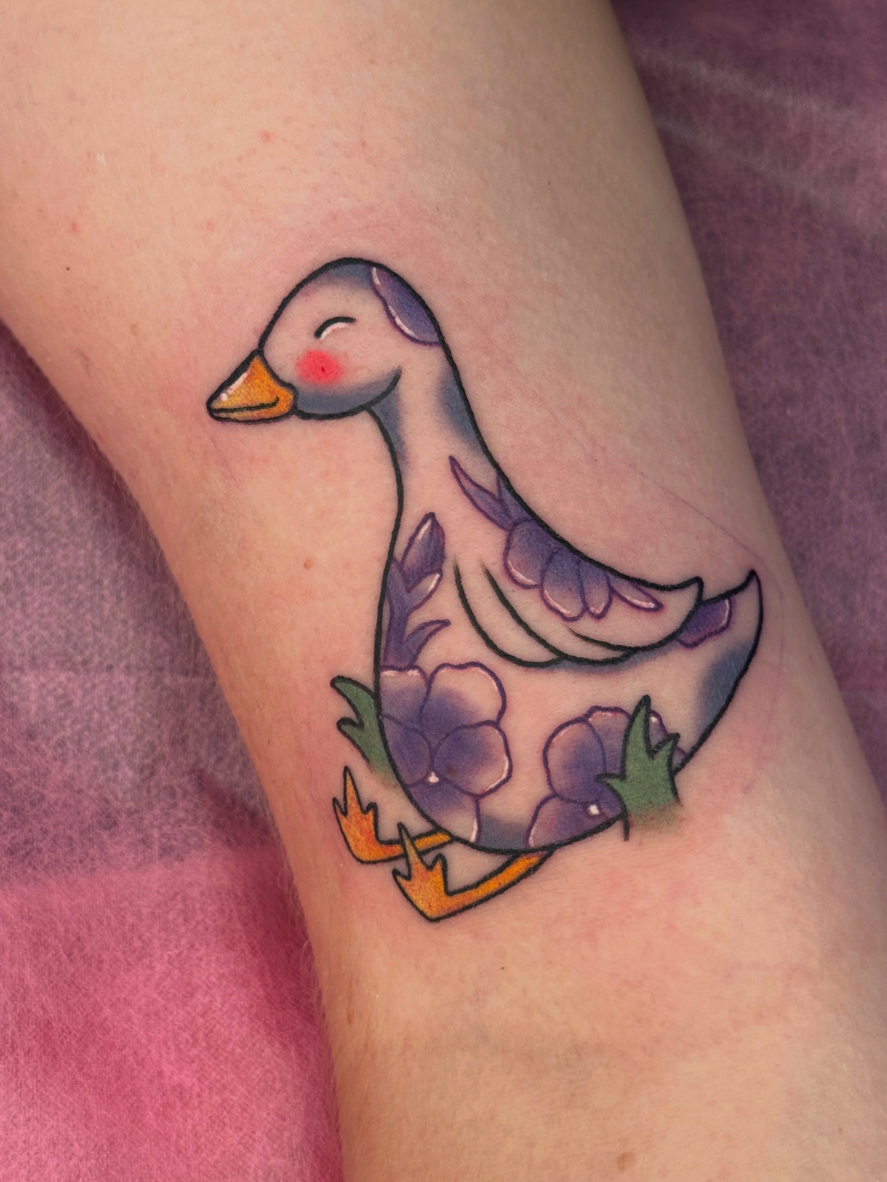 Duck American traditional tattoo on the forearm by Tattoos by Angel Lee
