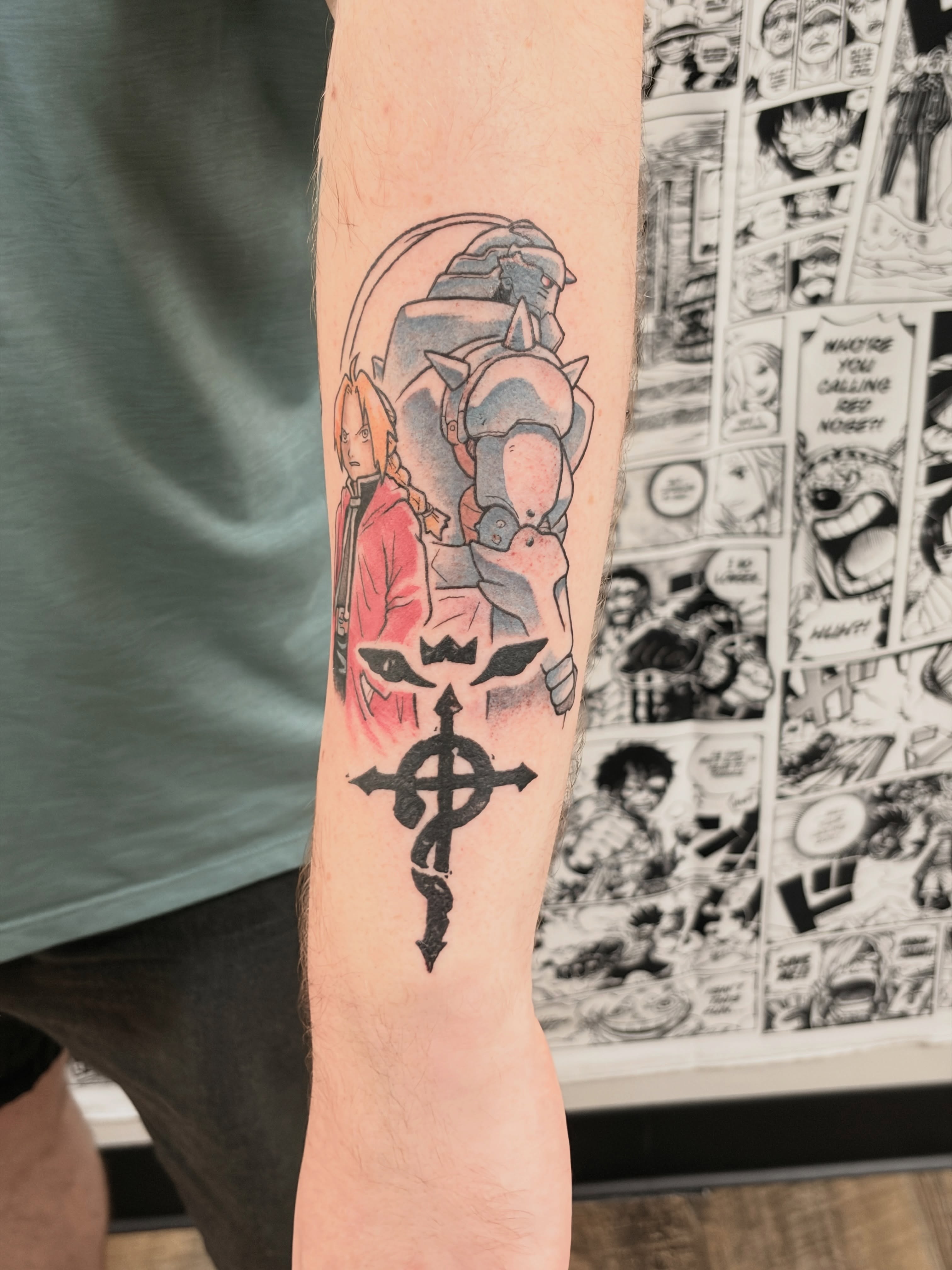 Fullmetal alchemist characters anime tattoo on the forearm by Chris, Cleveland, Ohio
