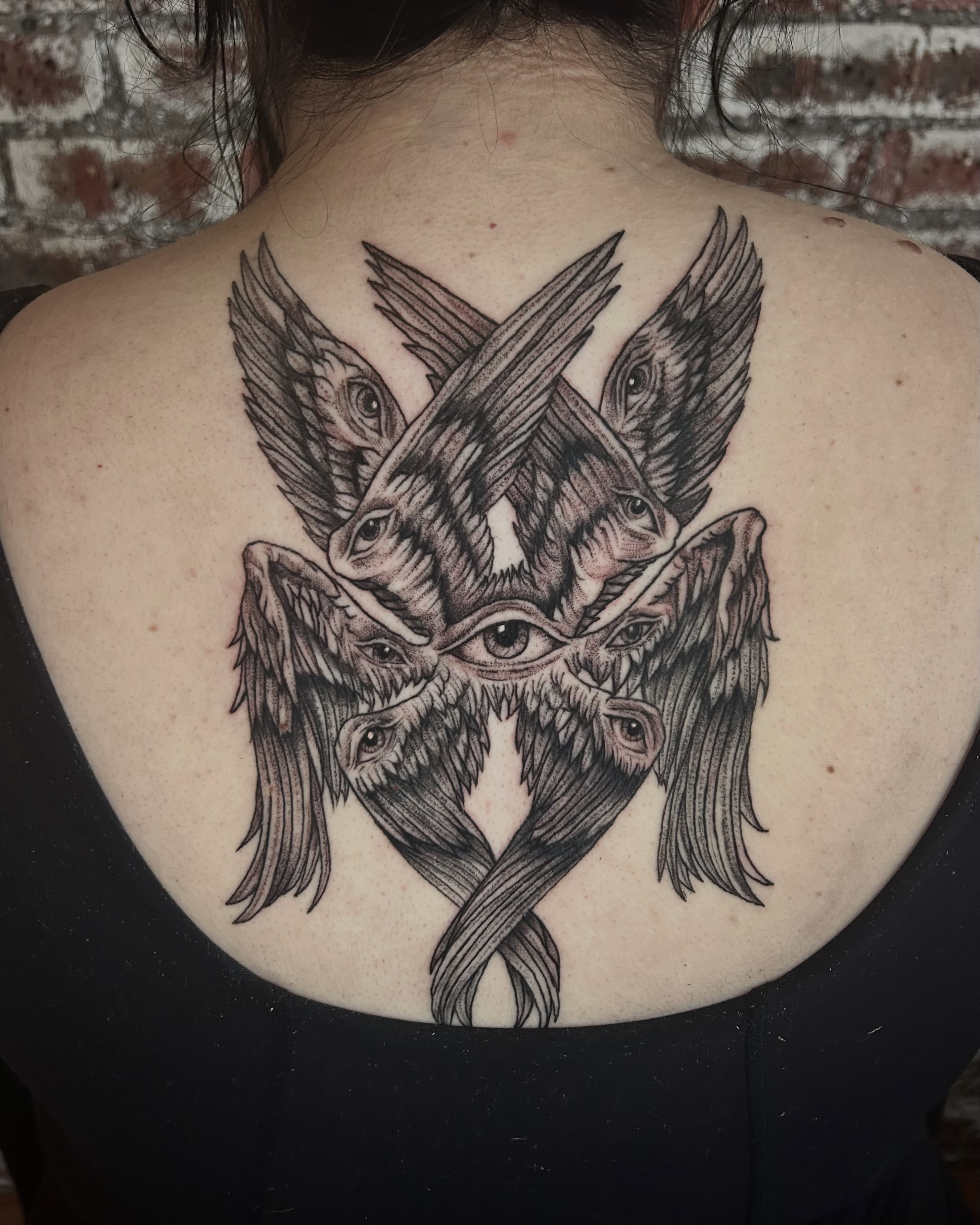 Birds and eyes geometric tattoo on the back by ๐๐๐๐๐๐ ๐๐๐๐๐๐ ๐๐๐๐๐๐