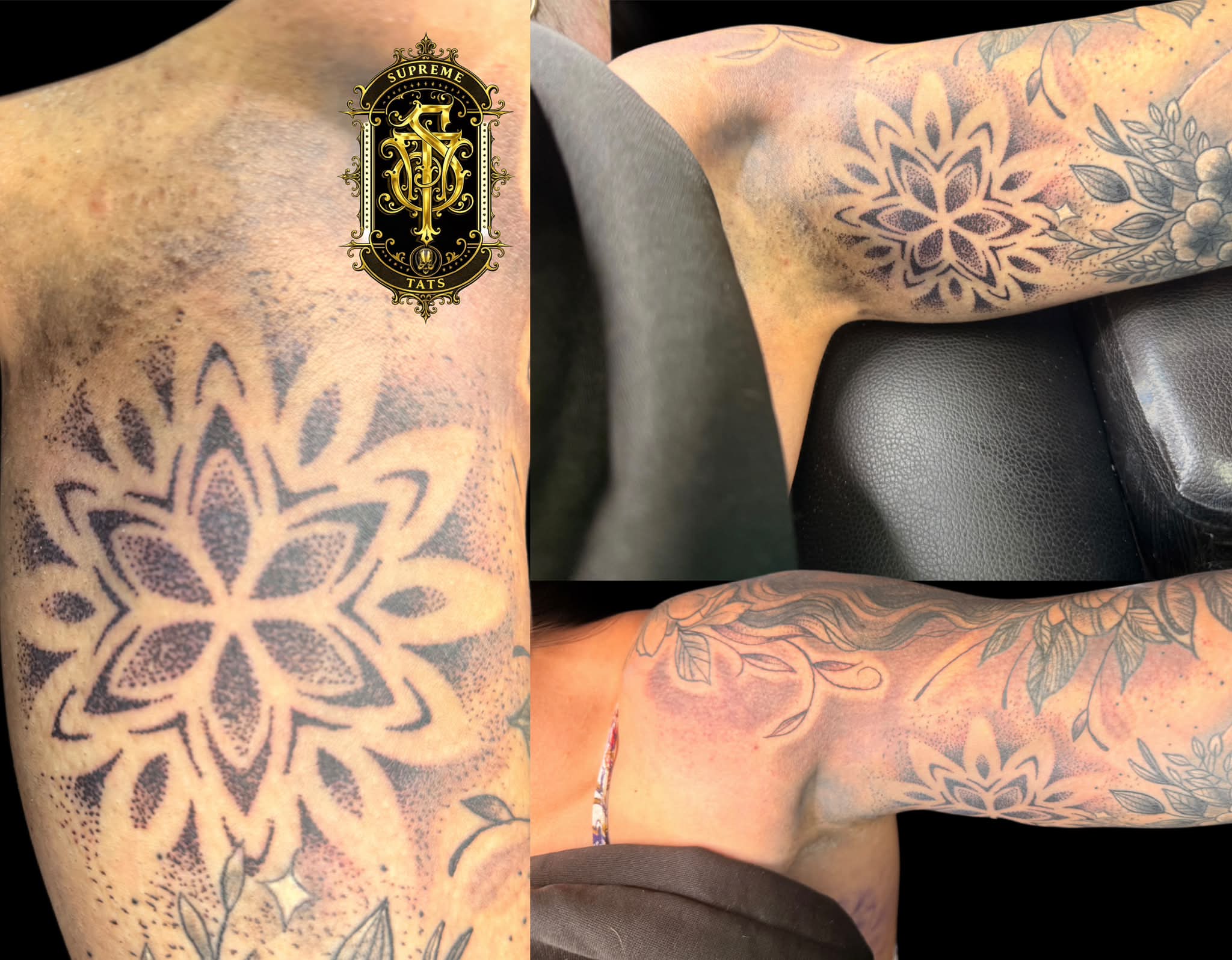 Lotus flower dotwork tattoo on the forearm by Christopher Allman, Cheviot, Ohio