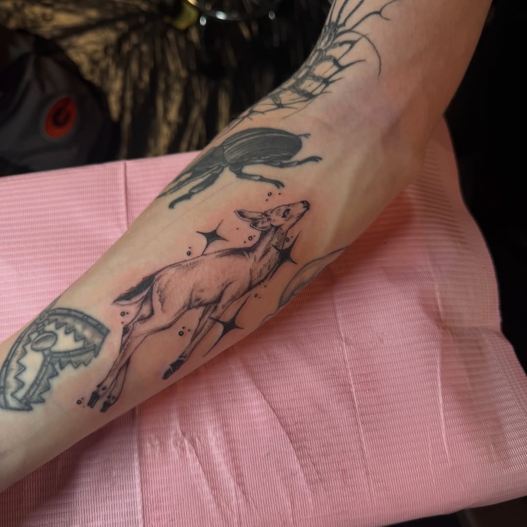 Deer and beetle black and grey tattoo on the forearm by Nina Nichole