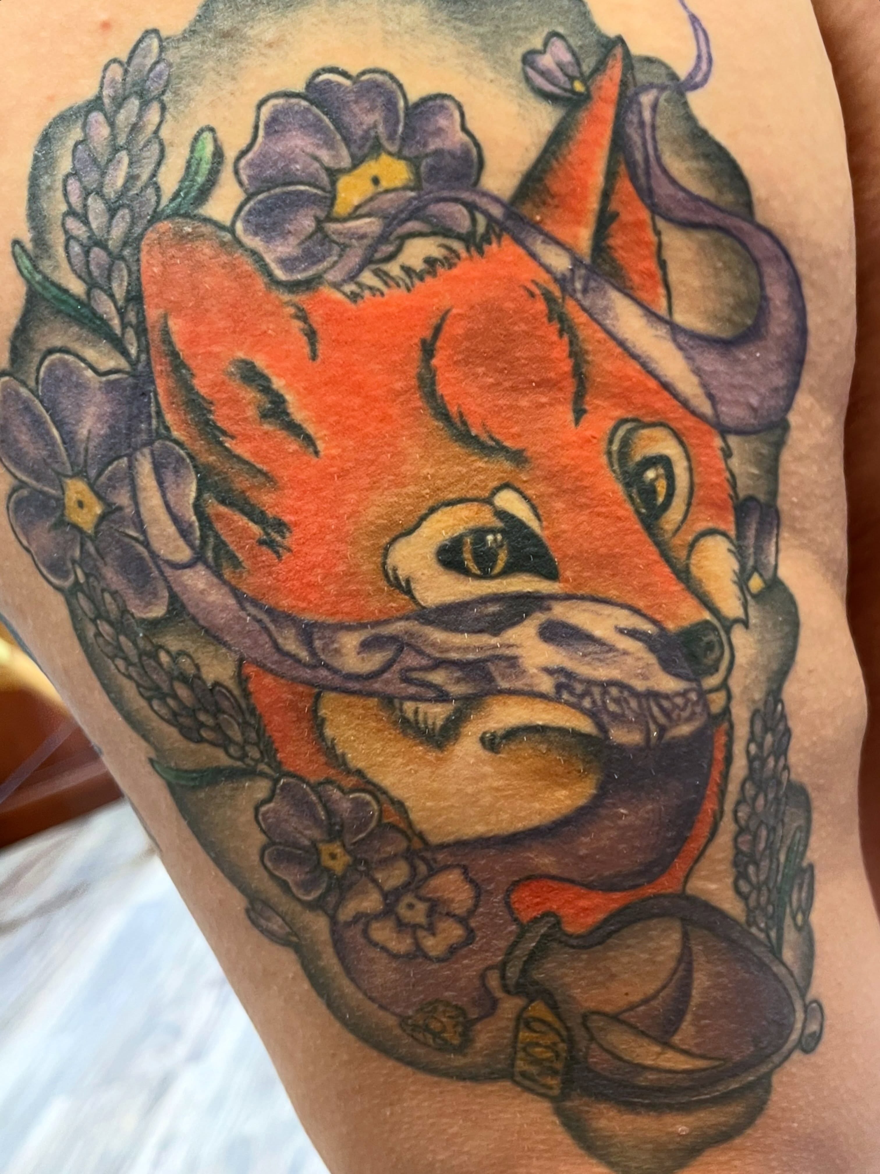 Fox and snake American traditional tattoo on the thigh by Danielle Lorandeau