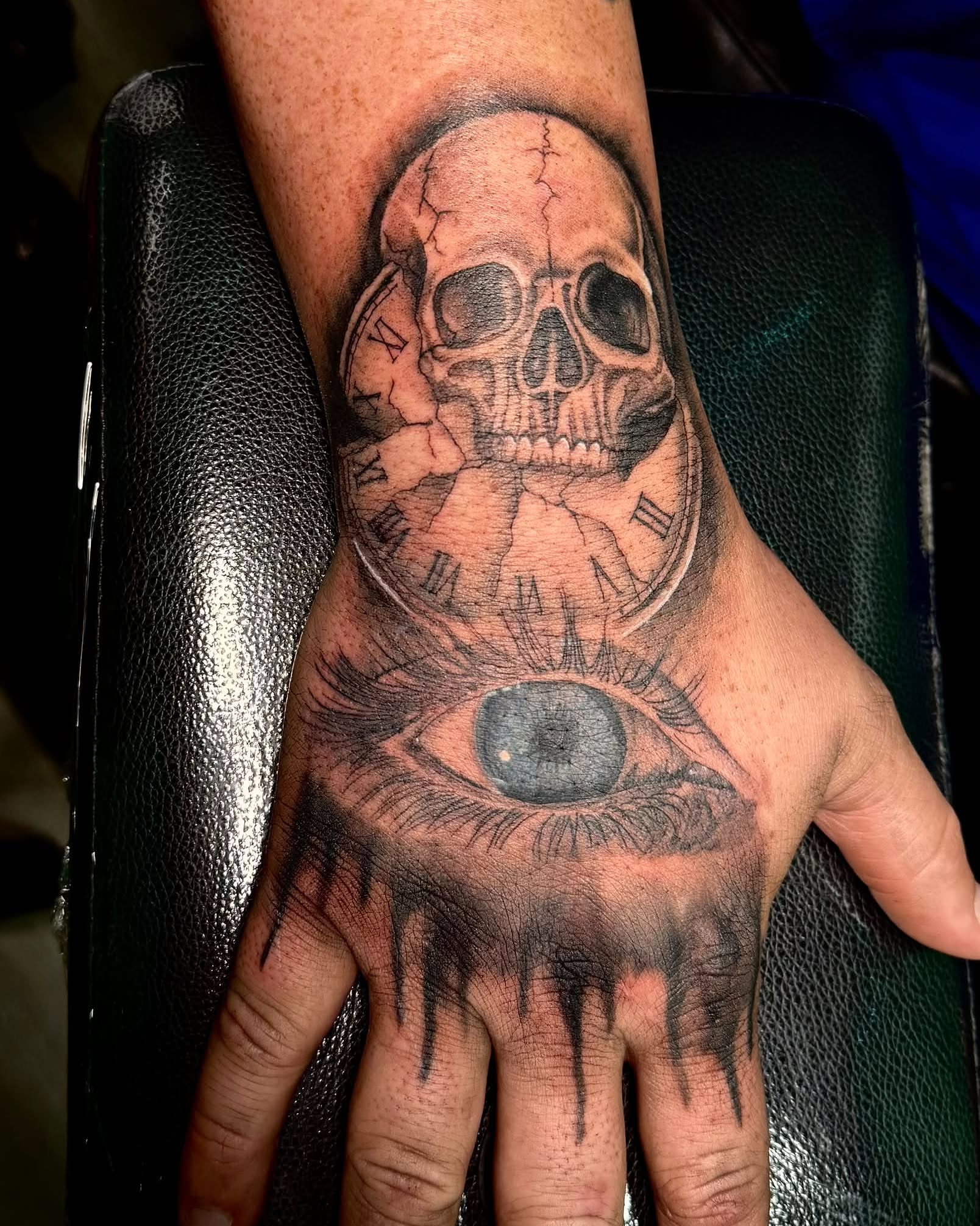 Skull and eye realism tattoo on the hand by Sabrina