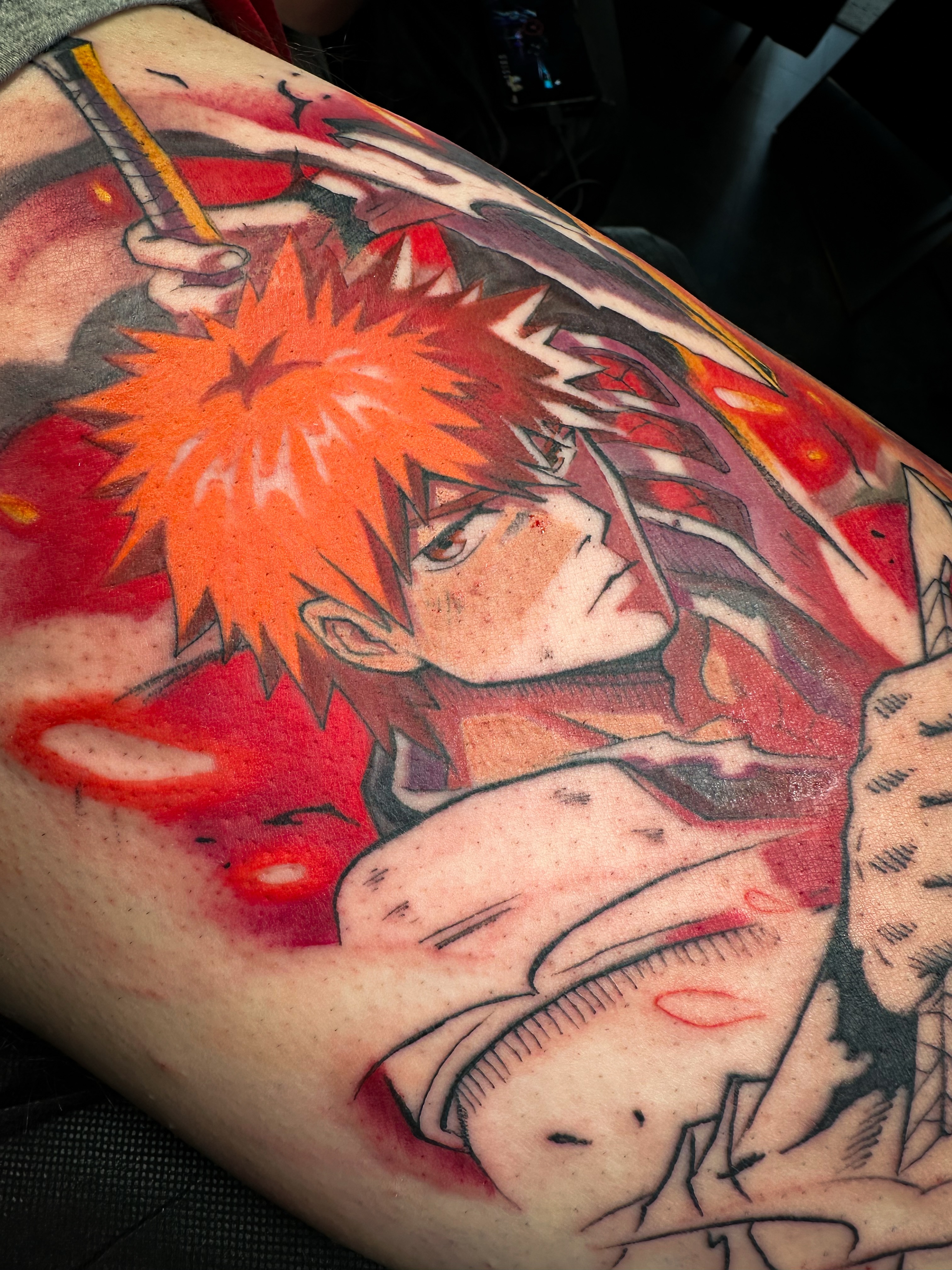 Anime character anime tattoo on the thigh by Jesús Blones - Tattoo Artist, Norwalk, Connecticut