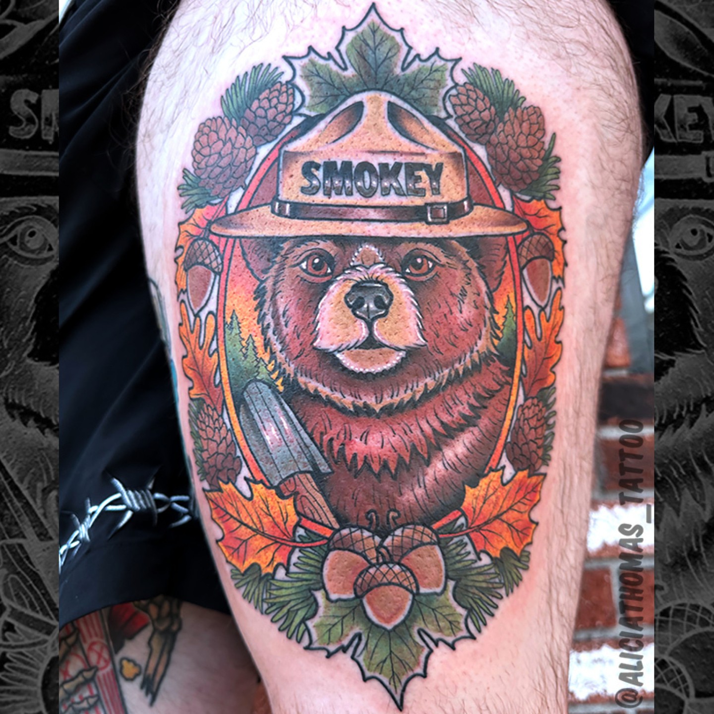Smokey bear American traditional tattoo on the thigh by 𝖆𝖑𝖎𝖈𝖎𝖆 𝖙𝖍𝖔𝖒𝖆𝖘