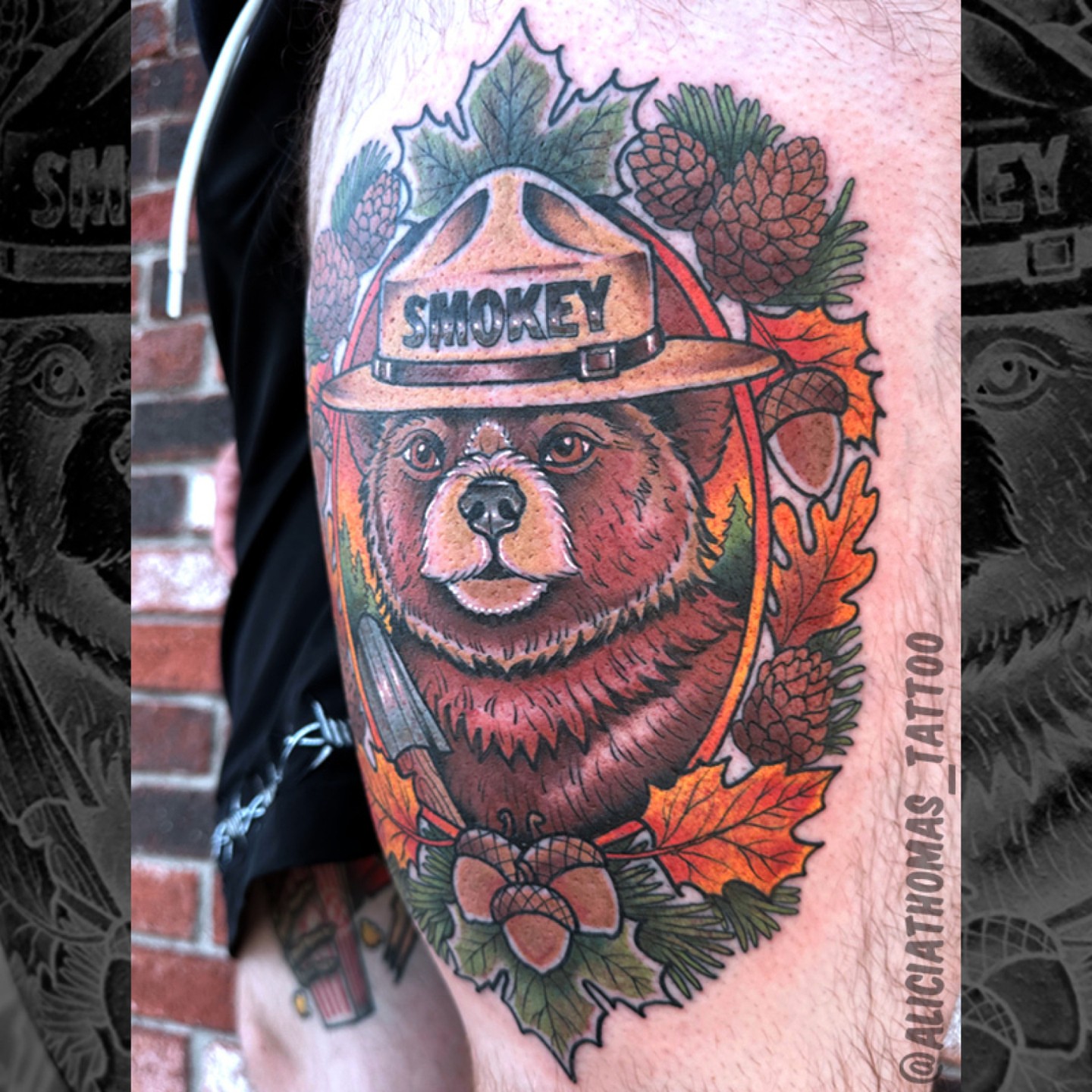 Smokey bear American traditional tattoo on the thigh by 𝖆𝖑𝖎𝖈𝖎𝖆 𝖙𝖍𝖔𝖒𝖆𝖘