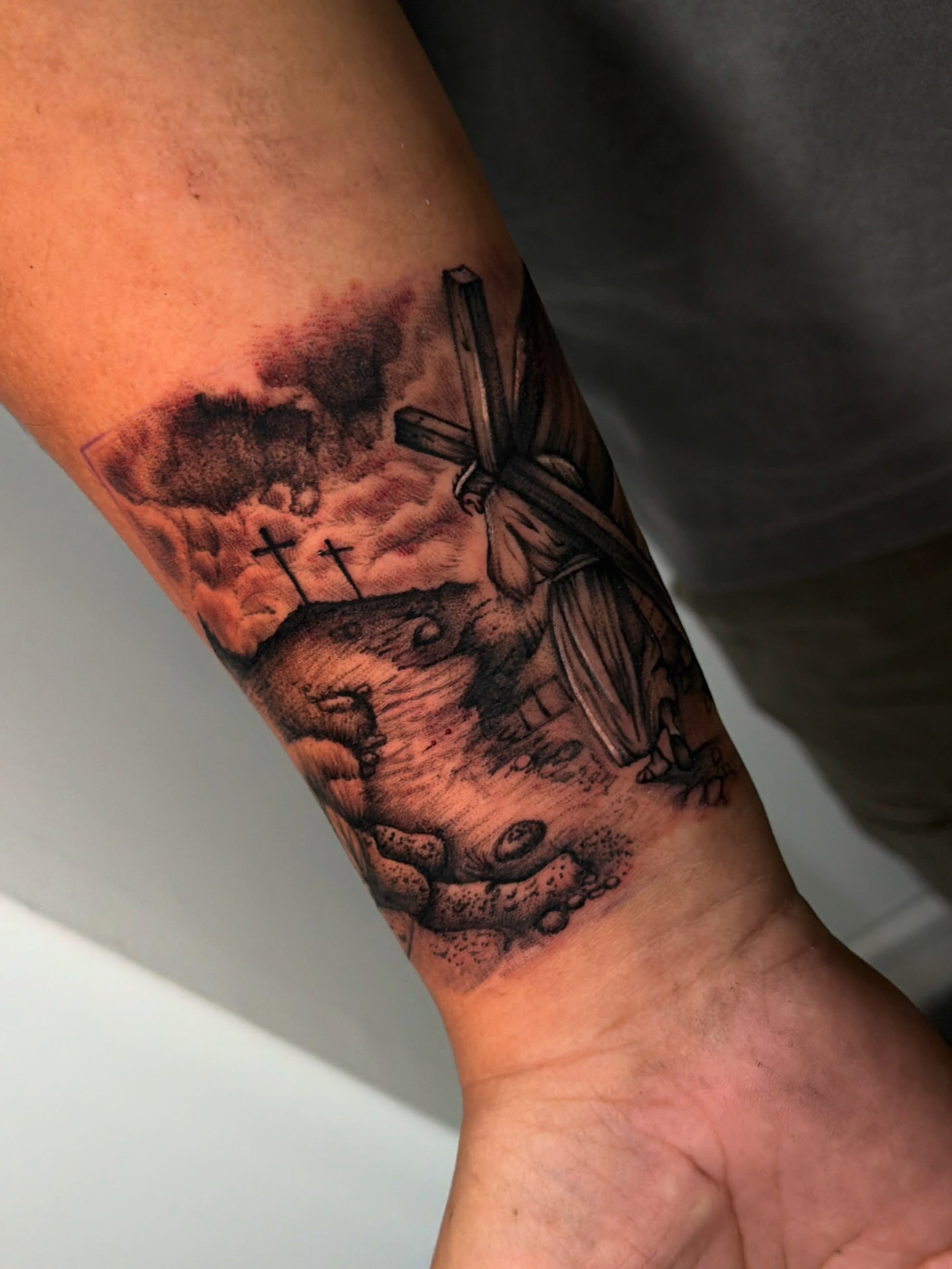 Religious landscape realism tattoo on the forearm by ๐ธ๐๐๐.๐ฎ๐, Los Angeles, California
