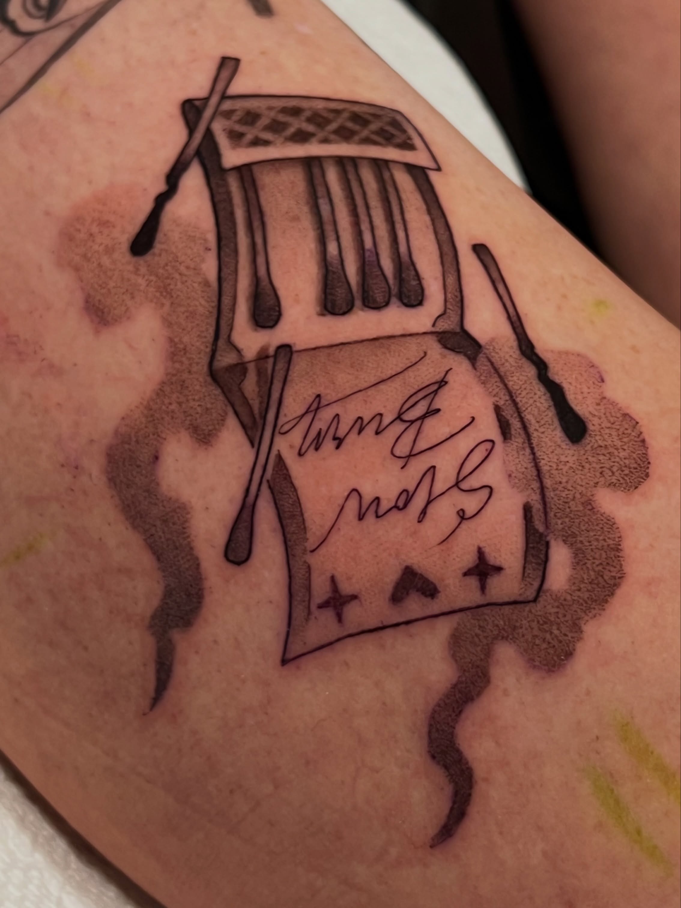 String quartet black and grey tattoo on the forearm by Millie, Maryville, Tennessee