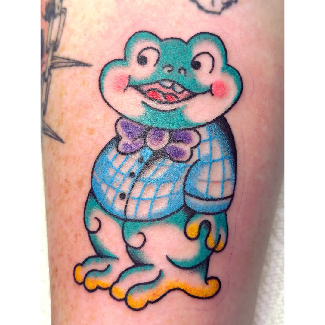 Frog character American traditional tattoo on the forearm by ❁ Tat2friend ❁