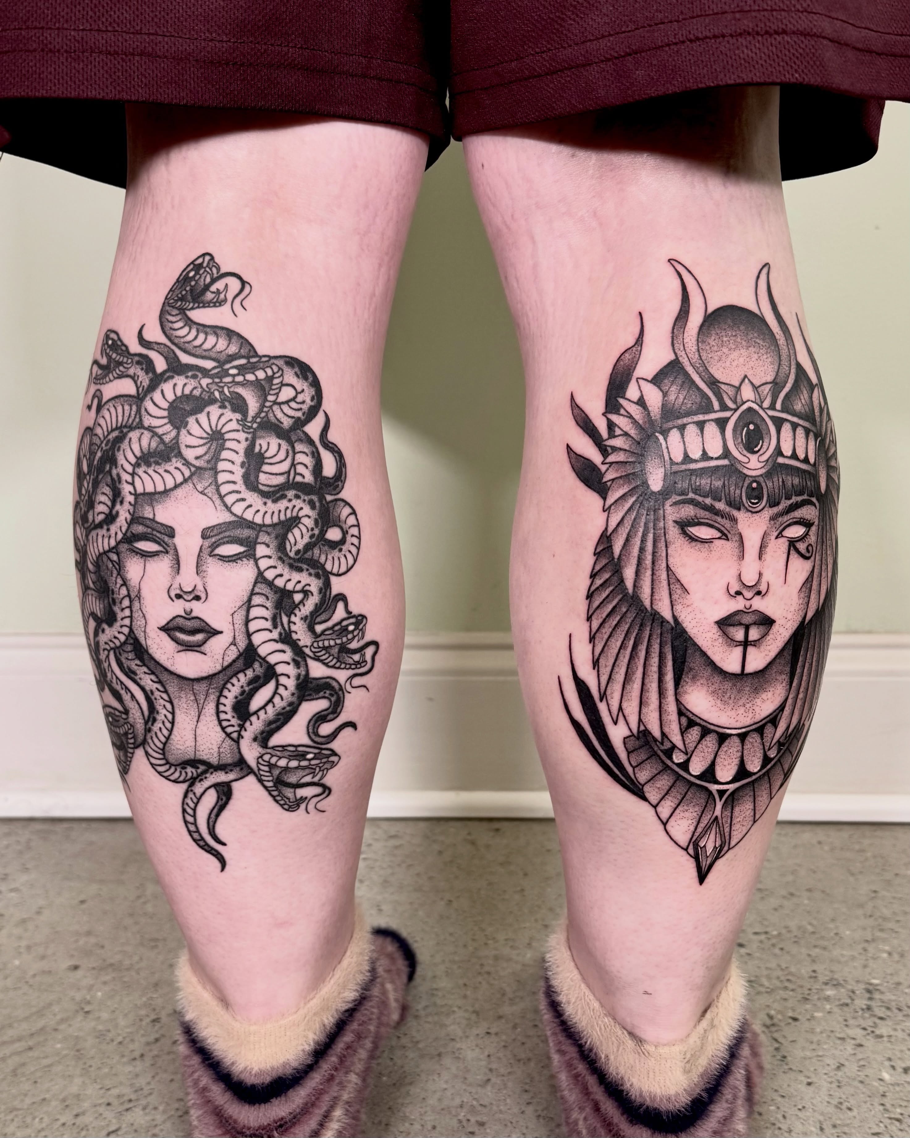 Medusa and queen realism tattoo on the calf by Eden Allen