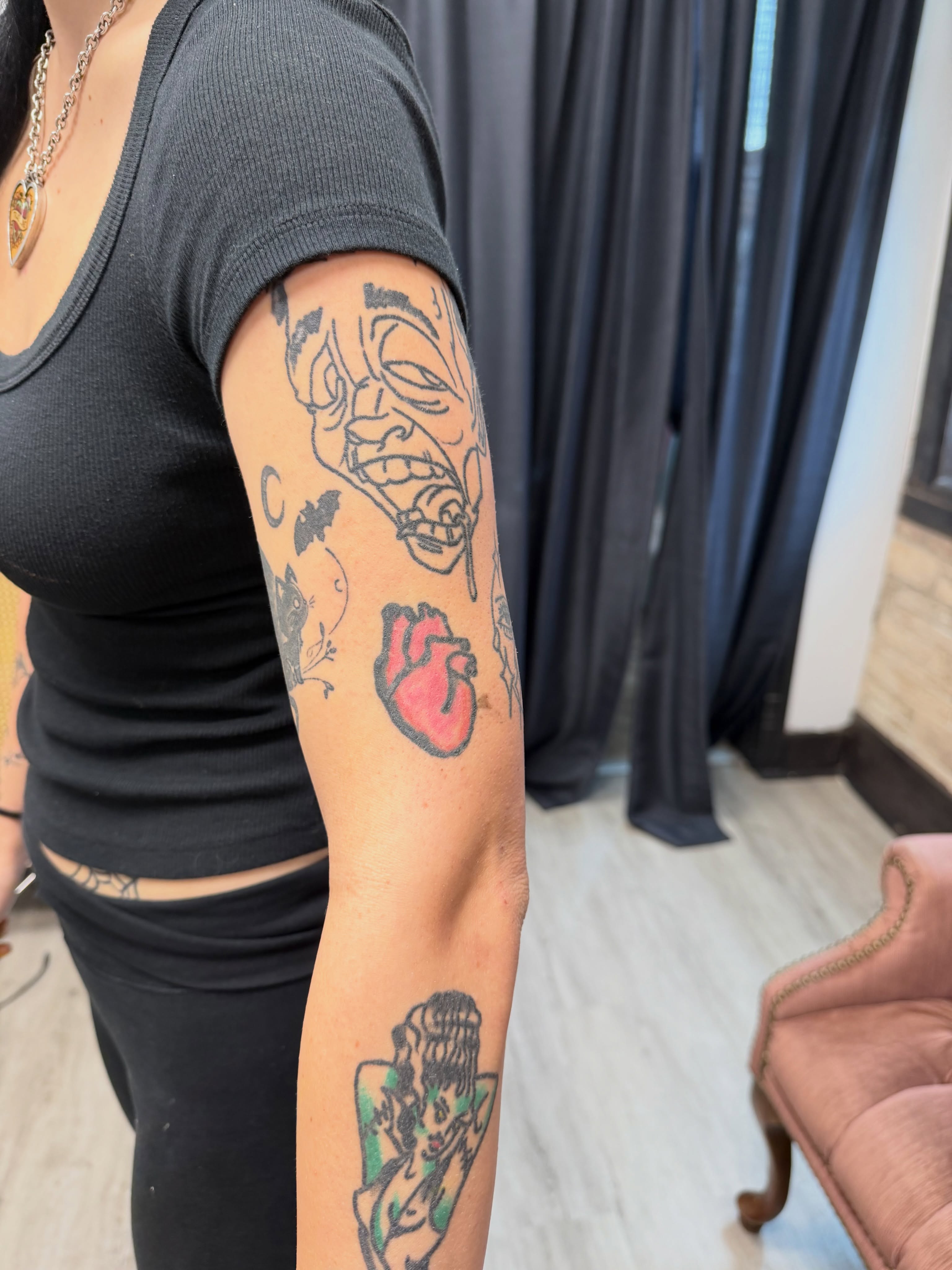 Heart American traditional tattoo on the forearm by Skylar Sheeley