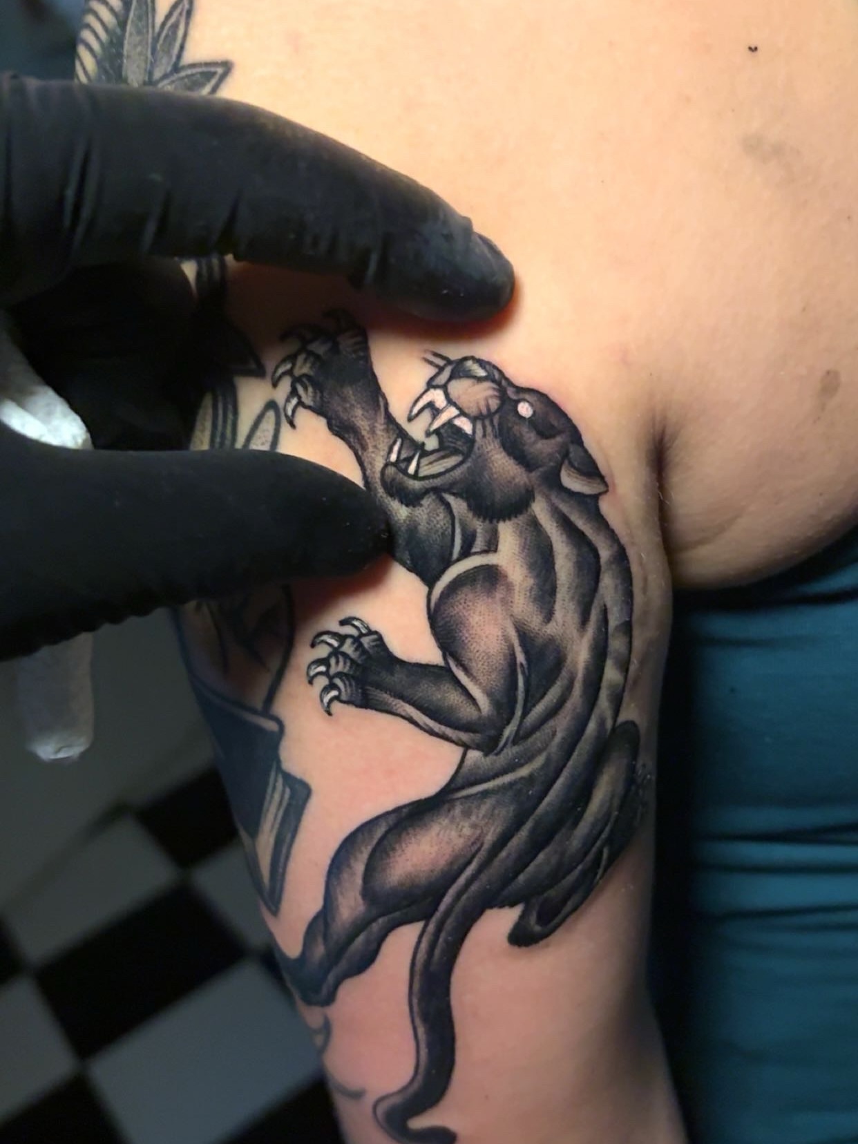 Panther black and grey tattoo on the shoulder by Chris Prince Jr., Miamisburg, Ohio