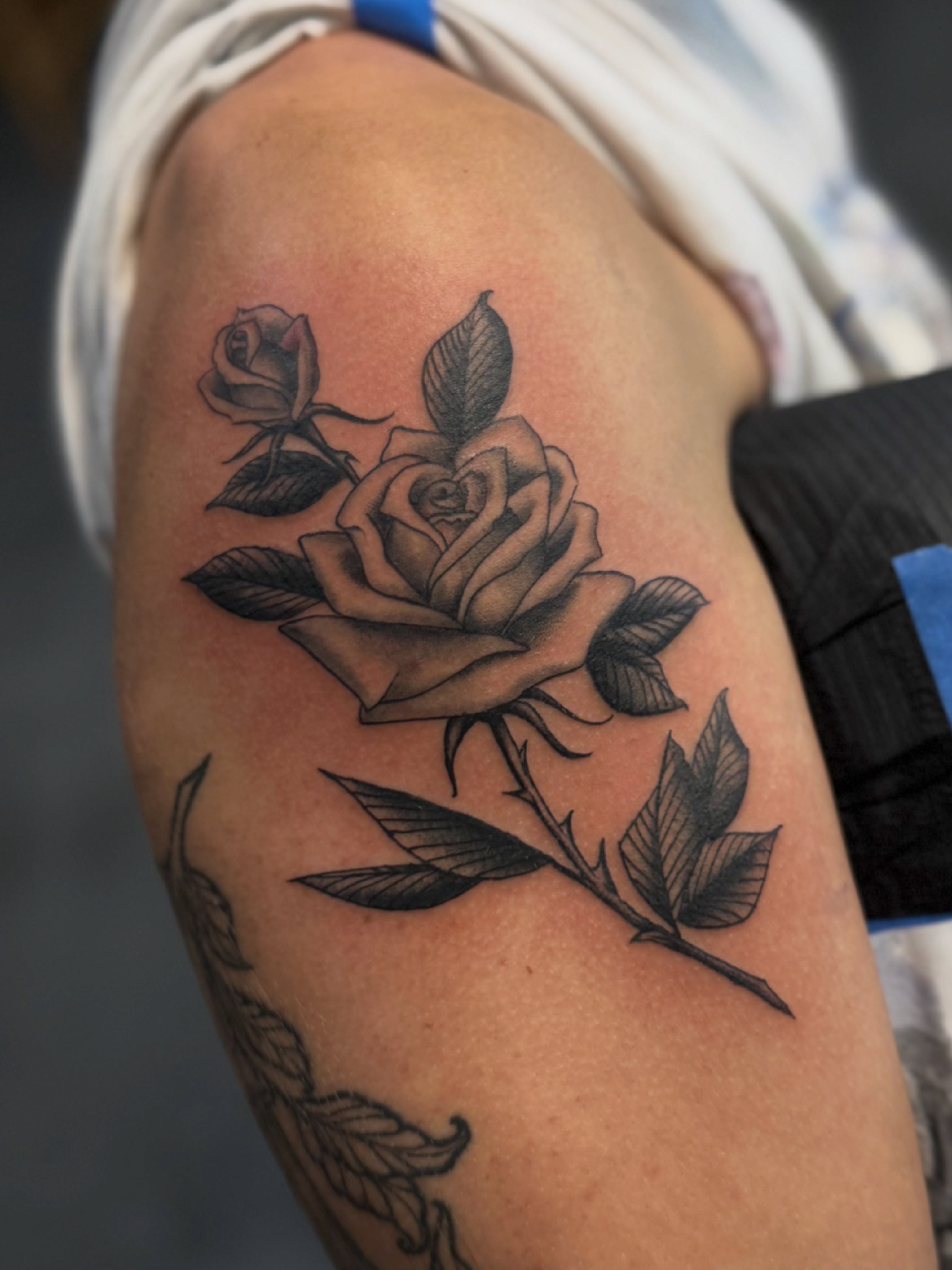 Rose black and grey tattoo on the shoulder by Devin Derbes