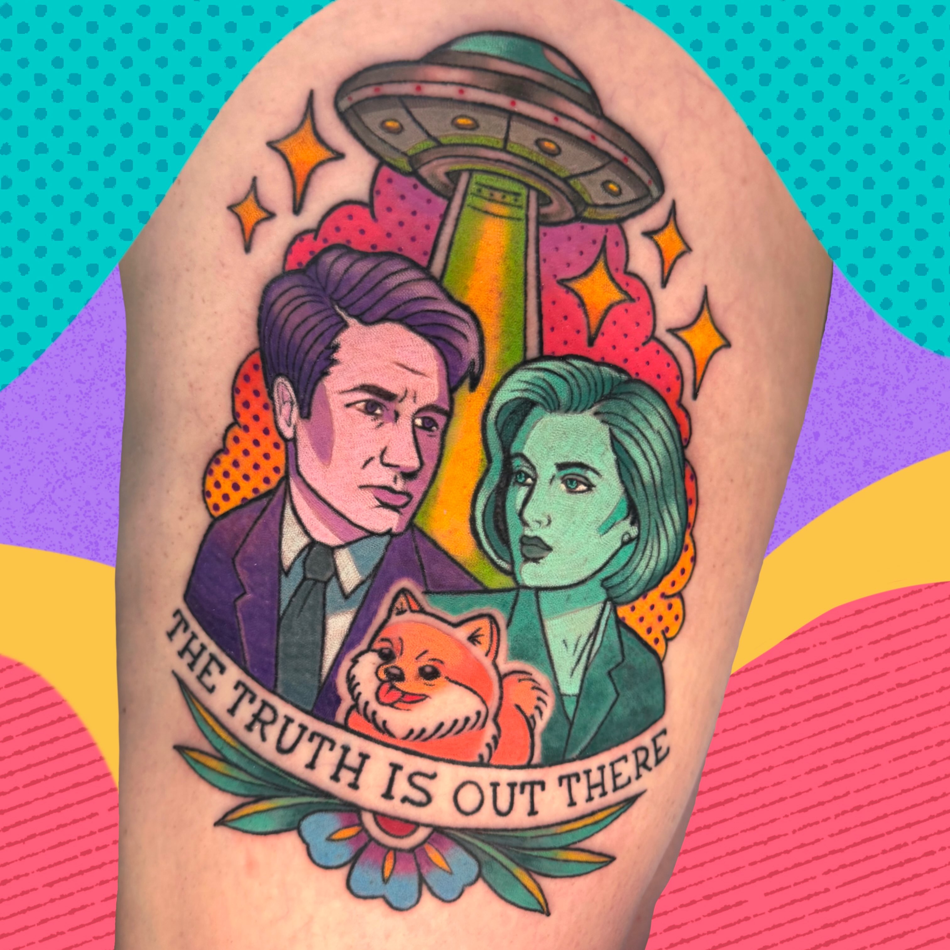 Fox and UFO new school tattoo on the forearm by π. ππππ, San Francisco, California