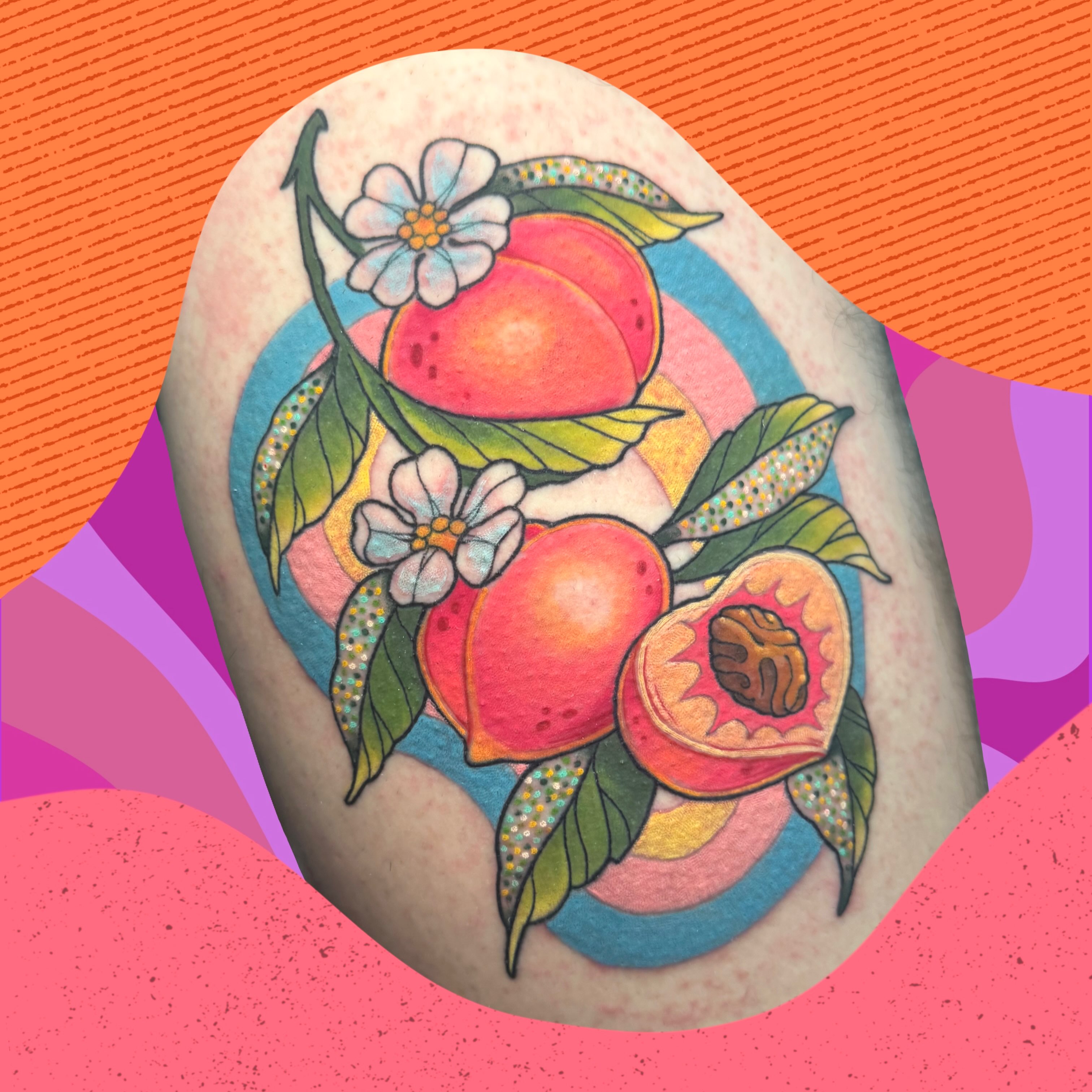 Peaches and flowers watercolor tattoo on the forearm by π. ππππ, San Francisco, California