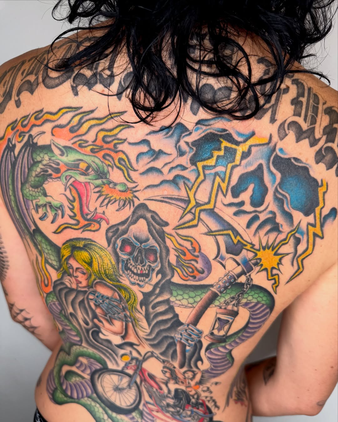 Dragon and woman American traditional tattoo on the back by IVY